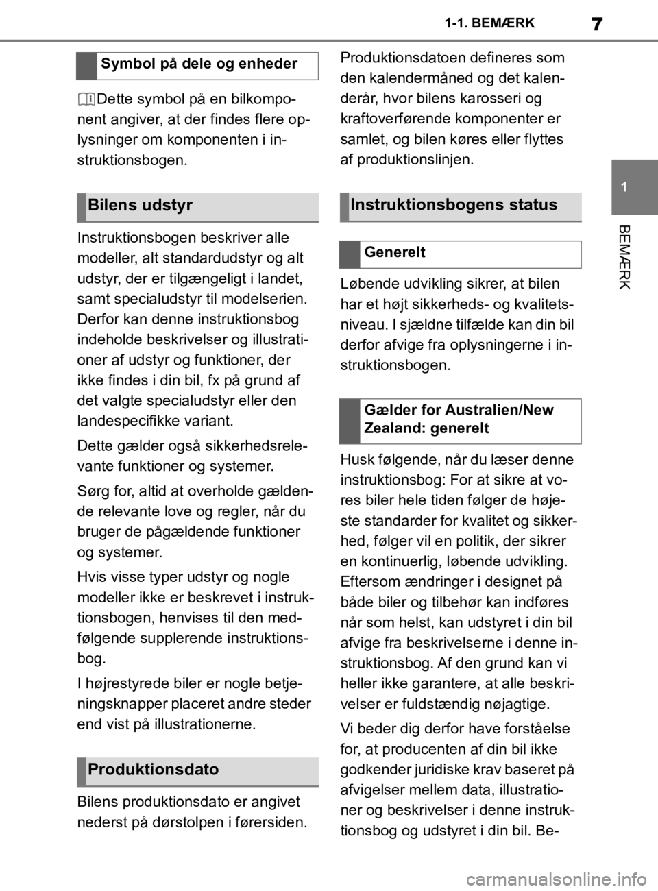 TOYOTA SUPRA 2020  Brugsanvisning (in Danish) 7
1
Instruktionsbog til Supra 1-1. BEMÆRK
BEMÆRK
Dette symbol på en bilkompo-
nent angiver, at der findes flere op-
lysninger om komponenten i in-
struktionsbogen.
Instruktionsbogen beskriver alle 