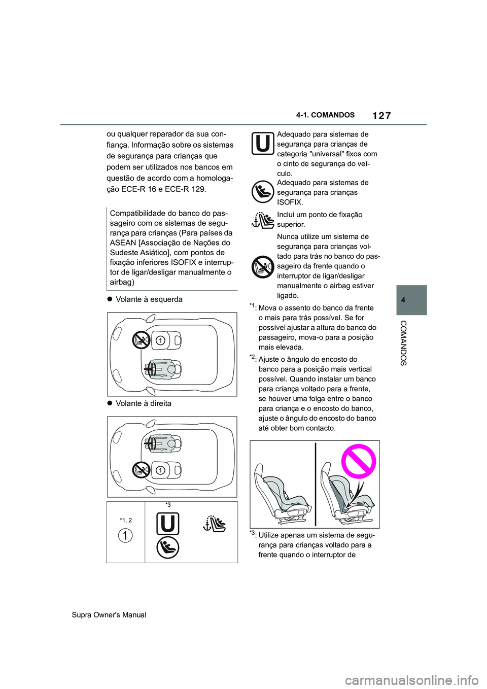 TOYOTA SUPRA 2020 Manual de utilização (in Portuguese) 127
4
Supra Owner's Manual4-1. COMANDOS
COMANDOS
ou qualquer reparador da sua con-
fiança. Informação sobre os sistemas
de segurança para crianças que
podem ser utilizados nos bancos em
qu TOYOTA SUPRA 2020 Manual de utilização (in Portuguese) 127
4
Supra Owner's Manual4-1. COMANDOS
COMANDOS
ou qualquer reparador da sua con-
fiança. Informação sobre os sistemas
de segurança para crianças que
podem ser utilizados nos bancos em
qu