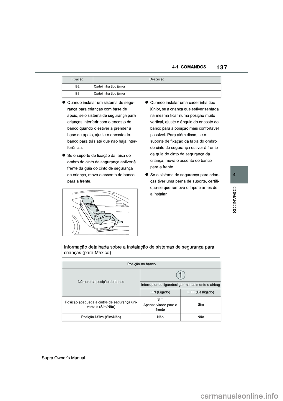 TOYOTA SUPRA 2020 Manual de utilização (in Portuguese) 137
4
Supra Owner's Manual4-1. COMANDOS
COMANDOS
Quando instalar um sistema de segu-
rança para crianças com base de
apoio, se o sistema de segurança para
crianças interferir com o encost TOYOTA SUPRA 2020 Manual de utilização (in Portuguese) 137
4
Supra Owner's Manual4-1. COMANDOS
COMANDOS
Quando instalar um sistema de segu-
rança para crianças com base de
apoio, se o sistema de segurança para
crianças interferir com o encost