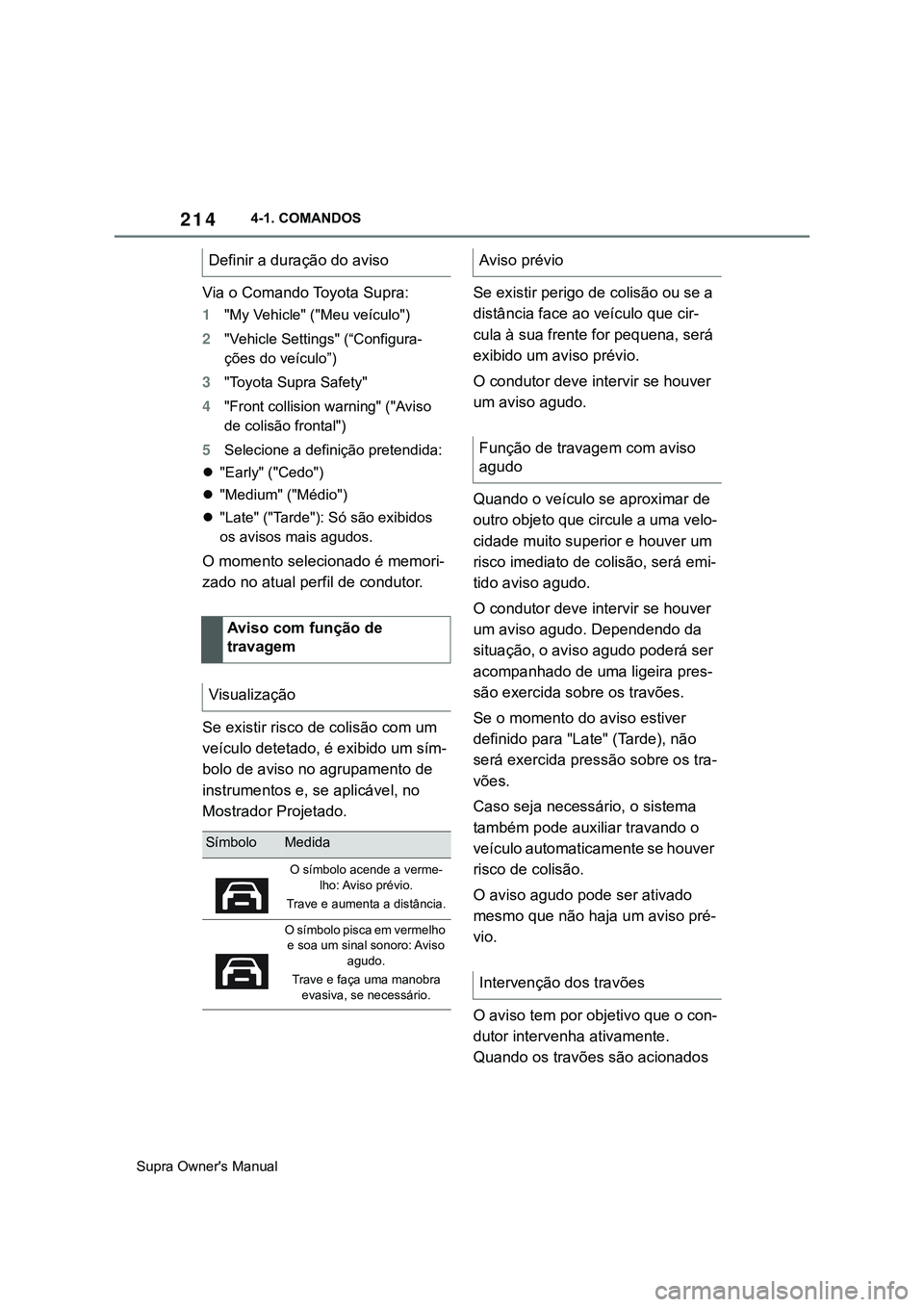 TOYOTA SUPRA 2020 Manual de utilização (in Portuguese) 214
Supra Owner's Manual4-1. COMANDOS
Via o Comando Toyota Supra:
1"My Vehicle" ("Meu veículo")
2"Vehicle Settings" (“Configura-
ções do veículo”)
3"Toyota Supr TOYOTA SUPRA 2020 Manual de utilização (in Portuguese) 214
Supra Owner's Manual4-1. COMANDOS
Via o Comando Toyota Supra:
1"My Vehicle" ("Meu veículo")
2"Vehicle Settings" (“Configura-
ções do veículo”)
3"Toyota Supr