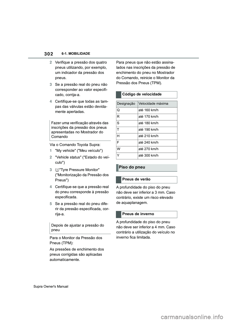 TOYOTA SUPRA 2020 Manual de utilização (in Portuguese) 302
Supra Owner's Manual6-1. MOBILIDADE
2Verifique a pressão dos quatro
pneus utilizando, por exemplo,
um indicador da pressão dos
pneus.
3Se a pressão real do pneu não
corresponder ao val TOYOTA SUPRA 2020 Manual de utilização (in Portuguese) 302
Supra Owner's Manual6-1. MOBILIDADE
2Verifique a pressão dos quatro
pneus utilizando, por exemplo,
um indicador da pressão dos
pneus.
3Se a pressão real do pneu não
corresponder ao val
