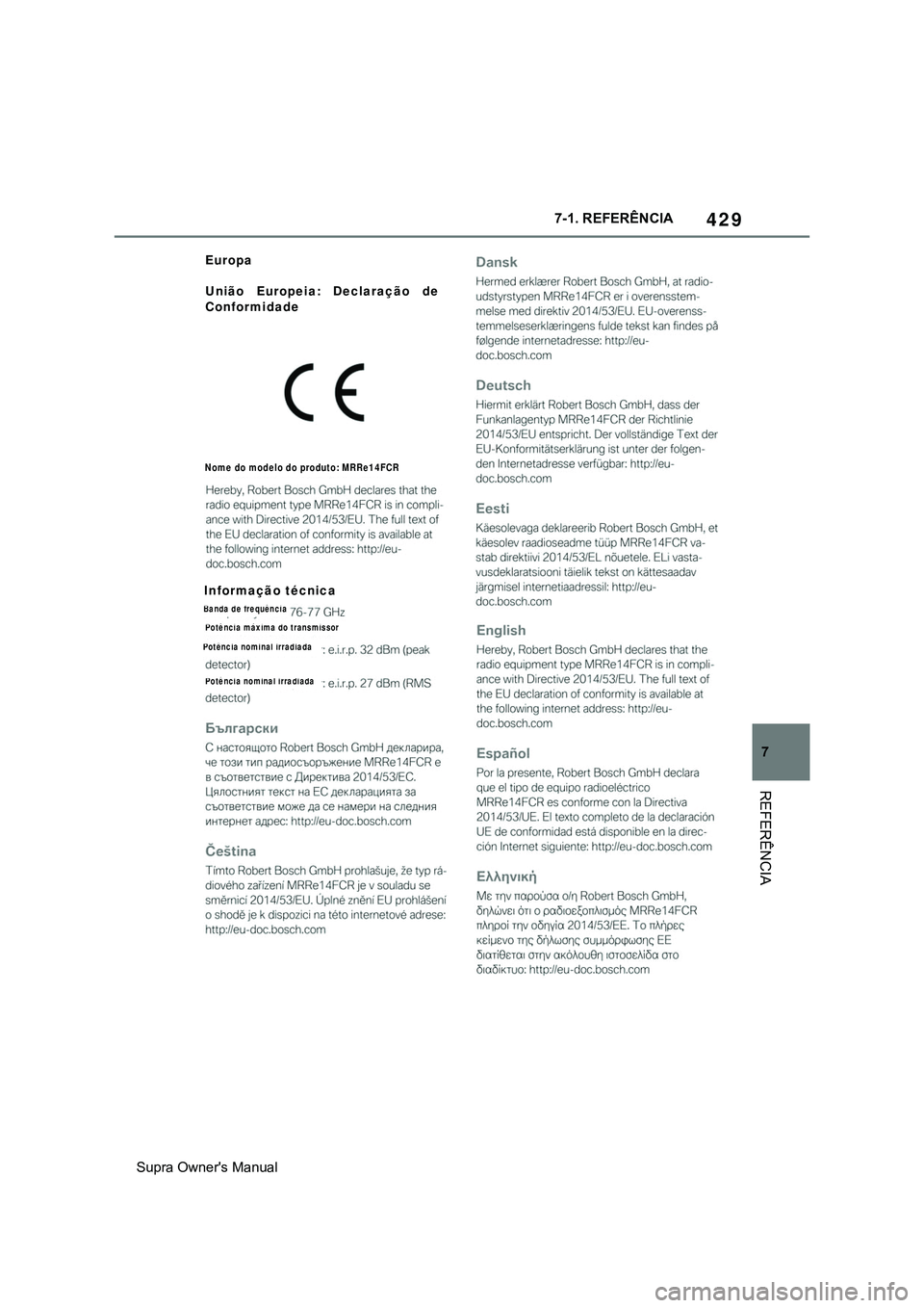 TOYOTA SUPRA 2020  Manual de utilização (in Portuguese) 429
7
Supra Owner's Manual7-1. REFERÊNCIA
REFERÊNCIA
Europa
União Europeia: Declaração de 
Conformidade
Informação técnica
Nome do modelo do produto: MRRe14FCR
Banda de frequência
Potênc TOYOTA SUPRA 2020  Manual de utilização (in Portuguese) 429
7
Supra Owner's Manual7-1. REFERÊNCIA
REFERÊNCIA
Europa
União Europeia: Declaração de 
Conformidade
Informação técnica
Nome do modelo do produto: MRRe14FCR
Banda de frequência
Potênc