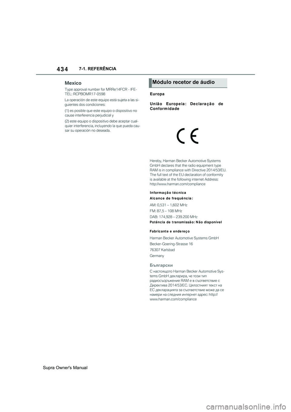 TOYOTA SUPRA 2020  Manual de utilização (in Portuguese) 434
Supra Owner's Manual7-1. REFERÊNCIA
Módulo recetor de áudio
Europa
União Europeia: Declaração de 
Conformidade
Informação técnica
Alcance de frequência:
Potência de transmissão: Nà TOYOTA SUPRA 2020  Manual de utilização (in Portuguese) 434
Supra Owner's Manual7-1. REFERÊNCIA
Módulo recetor de áudio
Europa
União Europeia: Declaração de 
Conformidade
Informação técnica
Alcance de frequência:
Potência de transmissão: NÃ