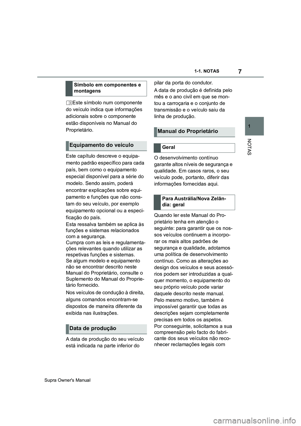 TOYOTA SUPRA 2020 Manual de utilização (in Portuguese) 7
1
Supra Owner's Manual1-1. NOTAS
NOTAS
Este símbolo num componente
do veículo indica que informações
adicionais sobre o componente
estão disponíveis no Manual do
Proprietário.
Este ca TOYOTA SUPRA 2020 Manual de utilização (in Portuguese) 7
1
Supra Owner's Manual1-1. NOTAS
NOTAS
Este símbolo num componente
do veículo indica que informações
adicionais sobre o componente
estão disponíveis no Manual do
Proprietário.
Este ca