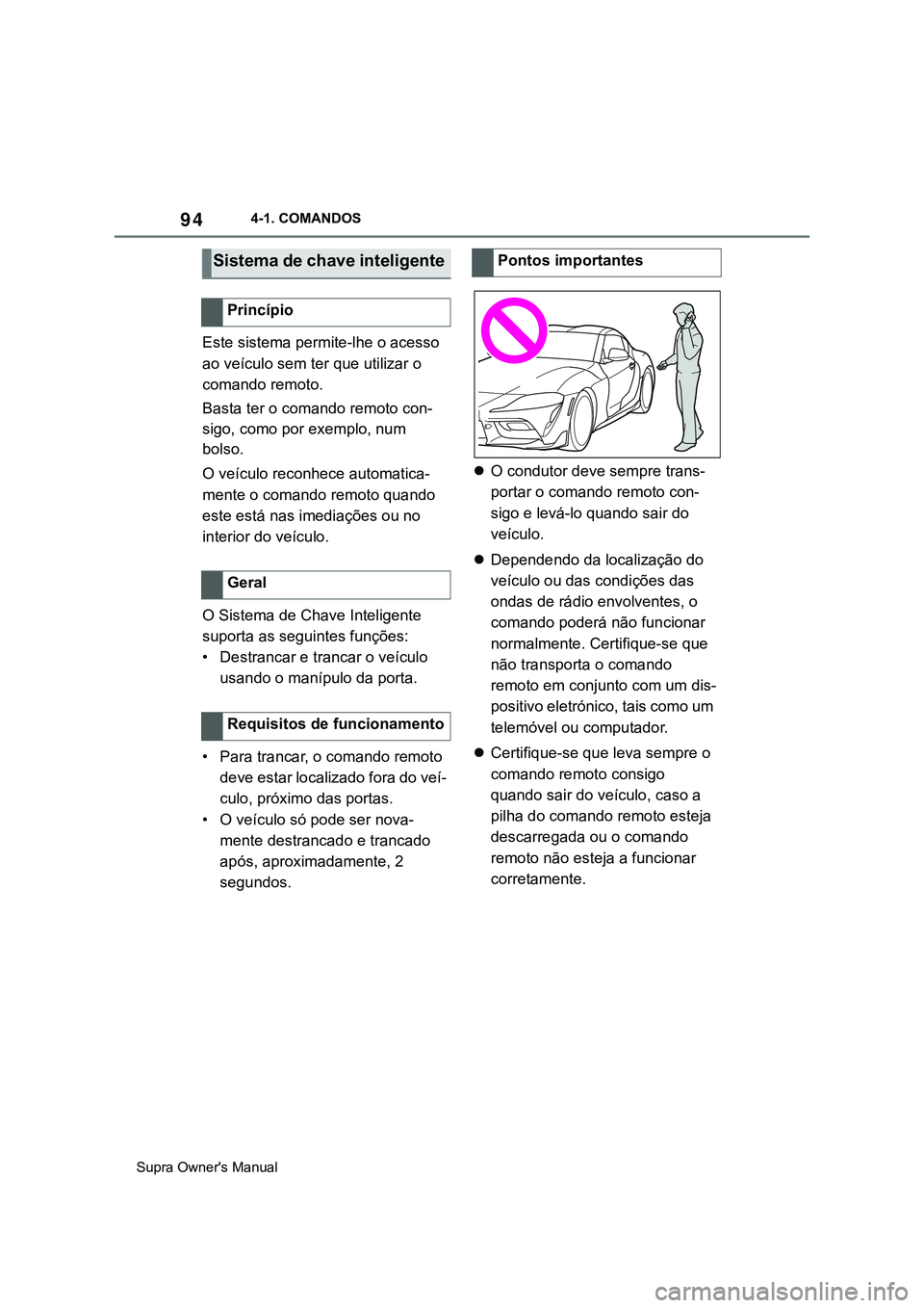TOYOTA SUPRA 2020 Manual de utilização (in Portuguese) 94
Supra Owner's Manual4-1. COMANDOS
Este sistema permite-lhe o acesso
ao veículo sem ter que utilizar o
comando remoto.
Basta ter o comando remoto con-
sigo, como por exemplo, num
bolso.
O ve TOYOTA SUPRA 2020 Manual de utilização (in Portuguese) 94
Supra Owner's Manual4-1. COMANDOS
Este sistema permite-lhe o acesso
ao veículo sem ter que utilizar o
comando remoto.
Basta ter o comando remoto con-
sigo, como por exemplo, num
bolso.
O ve