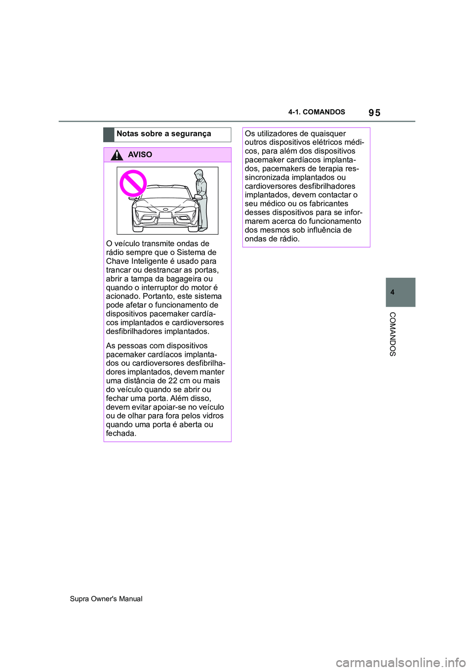 TOYOTA SUPRA 2020 Manual de utilização (in Portuguese) 95
4
Supra Owner's Manual4-1. COMANDOS
COMANDOS
Notas sobre a segurança
AV I S O
O veículo transmite ondas de
rádio sempre que o Sistema de
Chave Inteligente é usado para
trancar ou destran TOYOTA SUPRA 2020 Manual de utilização (in Portuguese) 95
4
Supra Owner's Manual4-1. COMANDOS
COMANDOS
Notas sobre a segurança
AV I S O
O veículo transmite ondas de
rádio sempre que o Sistema de
Chave Inteligente é usado para
trancar ou destran
