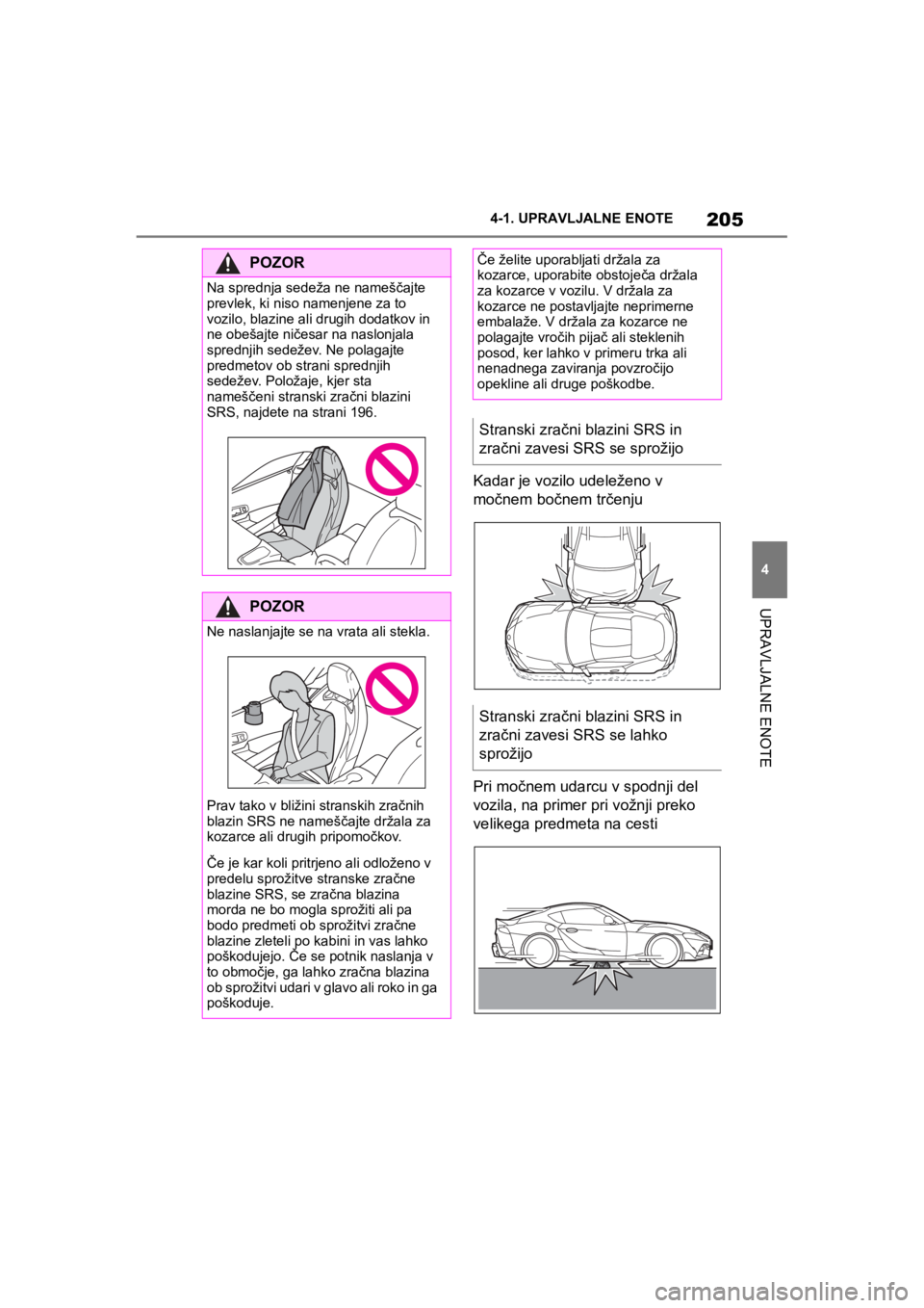 TOYOTA SUPRA 2020  Navodila Za Uporabo (in Slovenian) 205
4
Supra Owners Manual4-1. UPRAVLJALNE ENOTE
UPRAVLJALNE ENOTE
Kadar je vozilo udeleženo v 
močnem bočnem trčenju
Pri močnem udarcu v spodnji del 
vozila, na primer pri vožnji preko 
velikeg