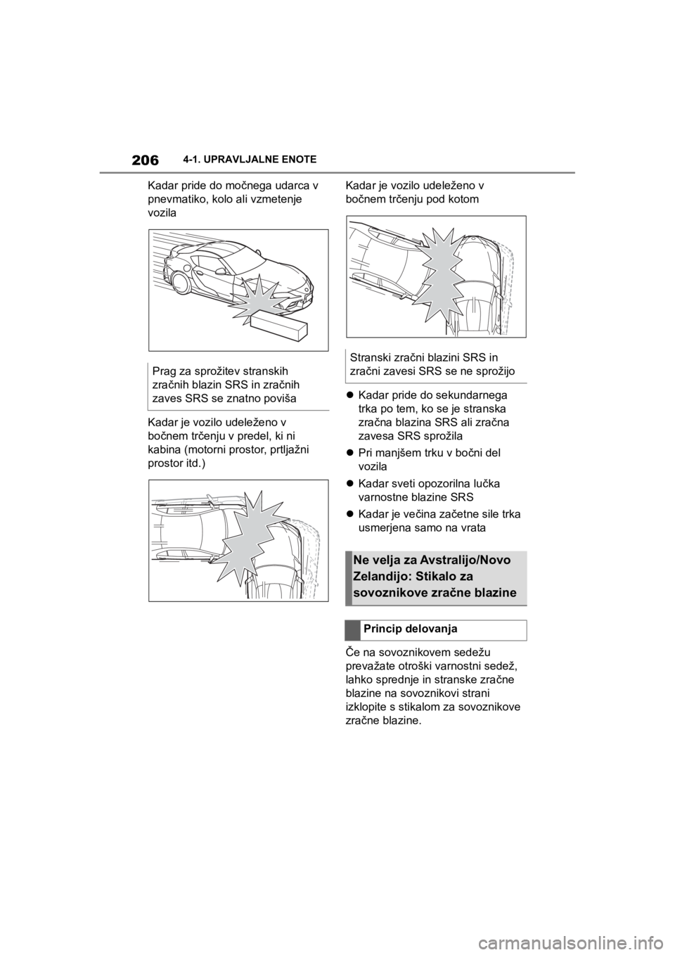 TOYOTA SUPRA 2020  Navodila Za Uporabo (in Slovenian) 206
Supra Owners Manual4-1. UPRAVLJALNE ENOTE
Kadar pride do močnega udarca v 
pnevmatiko, kolo ali vzmetenje 
vozila
Kadar je vozilo udeleženo v 
bočnem trčenju v predel, ki ni 
kabina (motorni 
