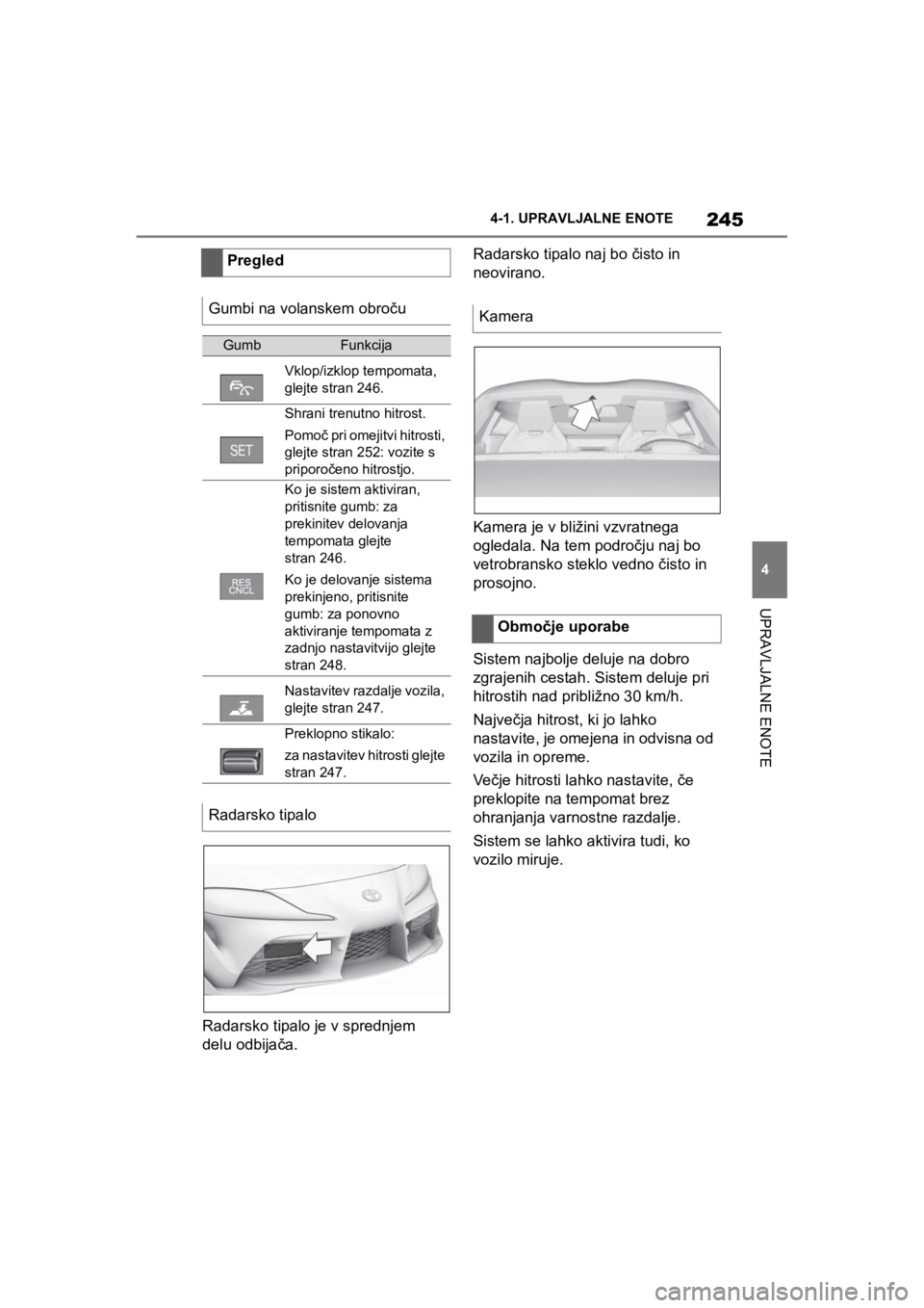 TOYOTA SUPRA 2020  Navodila Za Uporabo (in Slovenian) 245
4
Supra Owners Manual4-1. UPRAVLJALNE ENOTE
UPRAVLJALNE ENOTE
Radarsko tipalo je v sprednjem 
delu odbijača.Radarsko tipalo naj bo čisto in 
neovirano.
Kamera je v bližini vzvratnega 
ogledala