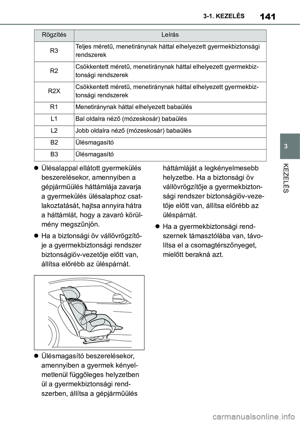 TOYOTA SUPRA 2020 Kezelési útmutató (in Hungarian) 141
3
3-1. KEZELÉS
KEZELÉS
Ülésalappal ellátott gyermekülés
beszerelésekor, amennyiben a
gépjárműülés háttámlája zavarja
a gyermekülés ülésalaphoz csat-
lakoztatását, hajts TOYOTA SUPRA 2020 Kezelési útmutató (in Hungarian) 141
3
3-1. KEZELÉS
KEZELÉS
Ülésalappal ellátott gyermekülés
beszerelésekor, amennyiben a
gépjárműülés háttámlája zavarja
a gyermekülés ülésalaphoz csat-
lakoztatását, hajts