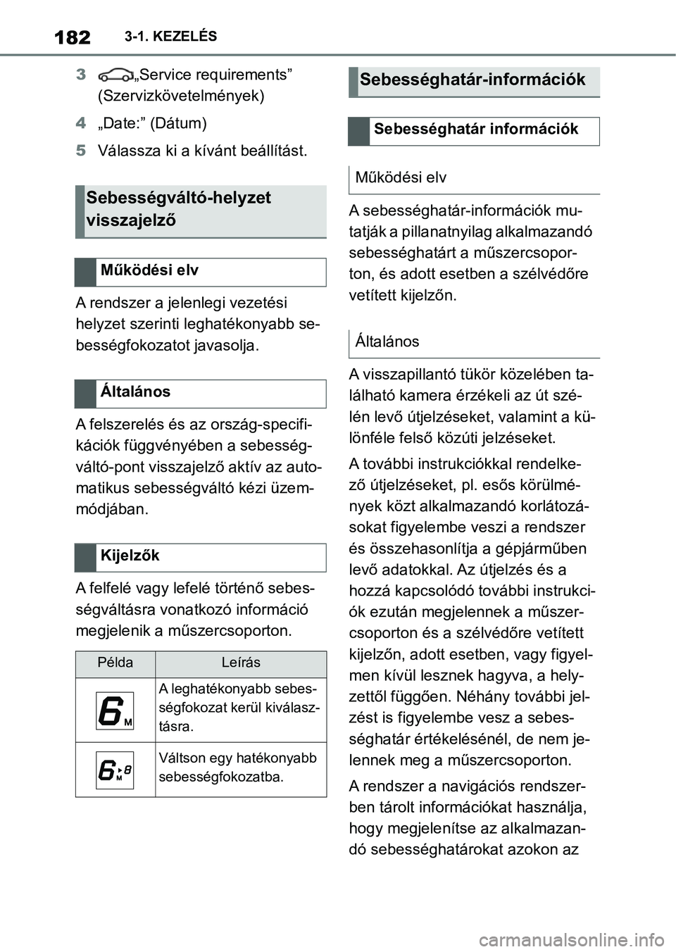 TOYOTA SUPRA 2020 Kezelési útmutató (in Hungarian) 1823-1. KEZELÉS
3„Service requirements”
(Szervizkövetelmények)
4 „Date:” (Dátum)
5 Válassza ki a kívánt beállítást.
A rendszer a jelenlegi vezetési
helyzet szerinti leghatékonyab TOYOTA SUPRA 2020 Kezelési útmutató (in Hungarian) 1823-1. KEZELÉS
3„Service requirements”
(Szervizkövetelmények)
4 „Date:” (Dátum)
5 Válassza ki a kívánt beállítást.
A rendszer a jelenlegi vezetési
helyzet szerinti leghatékonyab