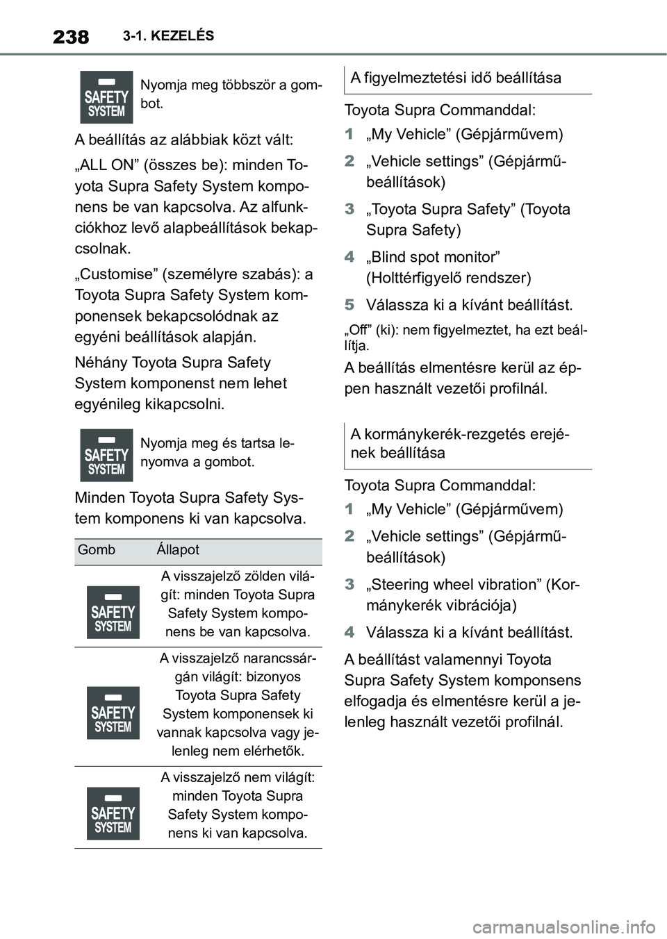 TOYOTA SUPRA 2020 Kezelési útmutató (in Hungarian) 2383-1. KEZELÉS
A beállítás az alábbiak közt vált:
„ALL ON” (összes be): minden To-
yota Supra Safety System kompo-
nens be van kapcsolva. Az alfunk-
ciókhoz levő alapbeállítások beka TOYOTA SUPRA 2020 Kezelési útmutató (in Hungarian) 2383-1. KEZELÉS
A beállítás az alábbiak közt vált:
„ALL ON” (összes be): minden To-
yota Supra Safety System kompo-
nens be van kapcsolva. Az alfunk-
ciókhoz levő alapbeállítások beka
