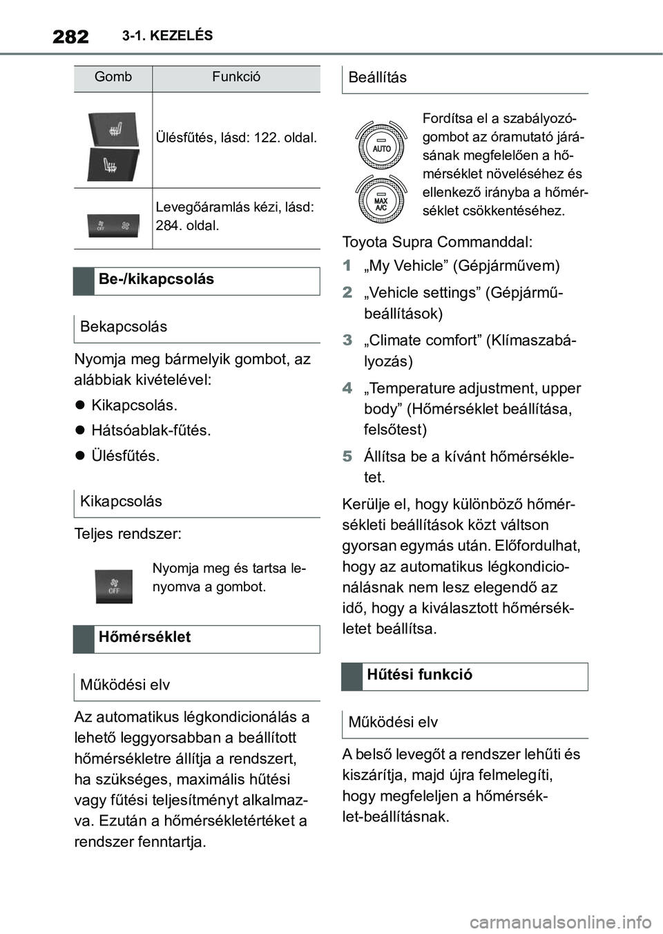 TOYOTA SUPRA 2020 Kezelési útmutató (in Hungarian) 2823-1. KEZELÉS
Nyomja meg bármelyik gombot, az
alábbiak kivételével:
Kikapcsolás.
Hátsóablak-fűtés.
Ülésfűtés.
Teljes rendszer:
Az automatikus légk ondicionálás a
lehet TOYOTA SUPRA 2020 Kezelési útmutató (in Hungarian) 2823-1. KEZELÉS
Nyomja meg bármelyik gombot, az
alábbiak kivételével:
Kikapcsolás.
Hátsóablak-fűtés.
Ülésfűtés.
Teljes rendszer:
Az automatikus légk ondicionálás a
lehet