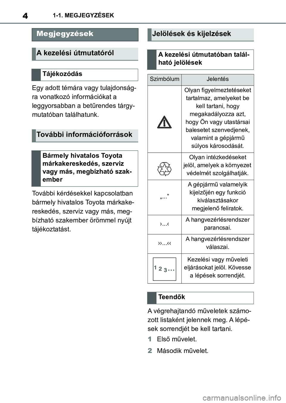TOYOTA SUPRA 2020  Kezelési útmutató (in Hungarian) 41-1. MEGJEGYZÉSEK
1-1.MEGJEGYZÉSEK
Egy adott témára vagy tulajdonság-
ra vonatkozó információkat a 
leggyorsabban a betűrendes tárgy-
mutatóban találhatunk.
További kérdésekkel kapcsol
