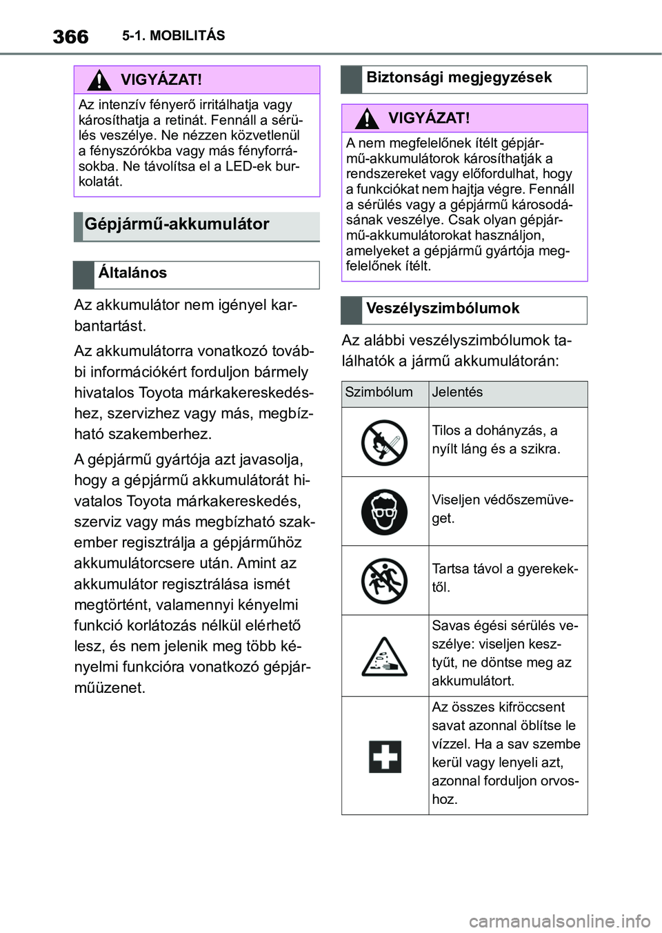 TOYOTA SUPRA 2020 Kezelési útmutató (in Hungarian) 3665-1. MOBILITÁS
Az akkumulátor nem igényel kar-
bantartást.
Az akkumulátorra vonatkozó továb-
bi információkért forduljon bármely
hivatalos Toyota márkakereskedés-
hez, szervizhez vagy TOYOTA SUPRA 2020 Kezelési útmutató (in Hungarian) 3665-1. MOBILITÁS
Az akkumulátor nem igényel kar-
bantartást.
Az akkumulátorra vonatkozó továb-
bi információkért forduljon bármely
hivatalos Toyota márkakereskedés-
hez, szervizhez vagy