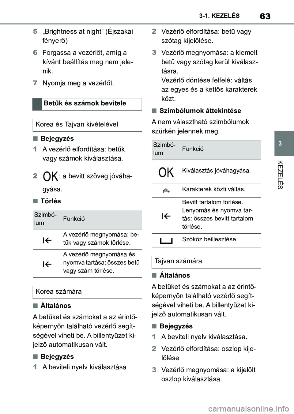 TOYOTA SUPRA 2020 Kezelési útmutató (in Hungarian) 63
3
3-1. KEZELÉS
KEZELÉS
5
„Brightness at night” (Éjszakai
fényerő)
6 Forgassa a vez érlőt, amíg a
kívánt beállítás meg nem jele-
nik.
7 Nyomja meg a vezérlőt.
nBejegyzés
1 A ve TOYOTA SUPRA 2020 Kezelési útmutató (in Hungarian) 63
3
3-1. KEZELÉS
KEZELÉS
5
„Brightness at night” (Éjszakai
fényerő)
6 Forgassa a vez érlőt, amíg a
kívánt beállítás meg nem jele-
nik.
7 Nyomja meg a vezérlőt.
nBejegyzés
1 A ve