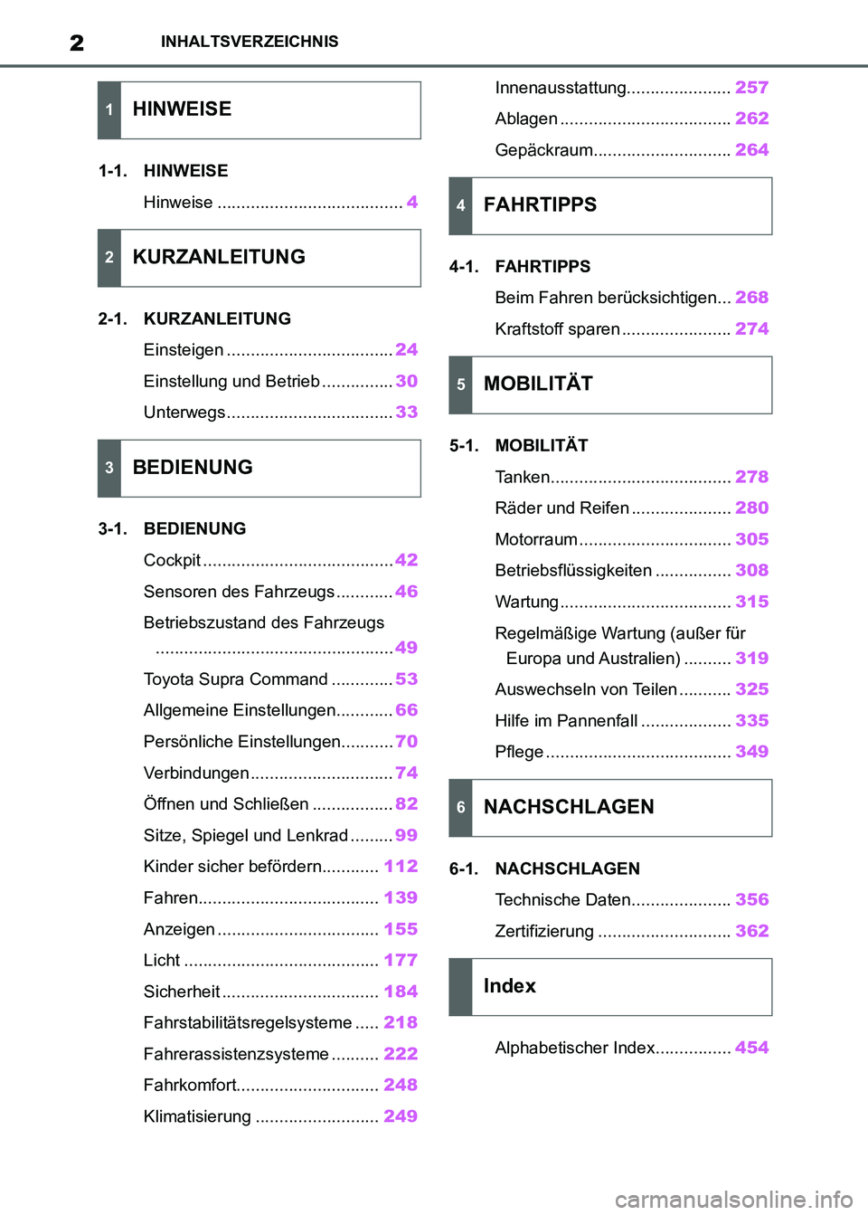 TOYOTA SUPRA 2021 Betriebsanleitungen (in German) 2
Supra Owners Manual_M (from Nov. 20 Prod.)
INHALTSVERZEICHNIS
1-1. HINWEISE
Hinweise .......................................4
2-1. KURZANLEITUNG
Einsteigen ...................................24
Ei TOYOTA SUPRA 2021 Betriebsanleitungen (in German) 2
Supra Owners Manual_M (from Nov. 20 Prod.)
INHALTSVERZEICHNIS
1-1. HINWEISE
Hinweise .......................................4
2-1. KURZANLEITUNG
Einsteigen ...................................24
Ei