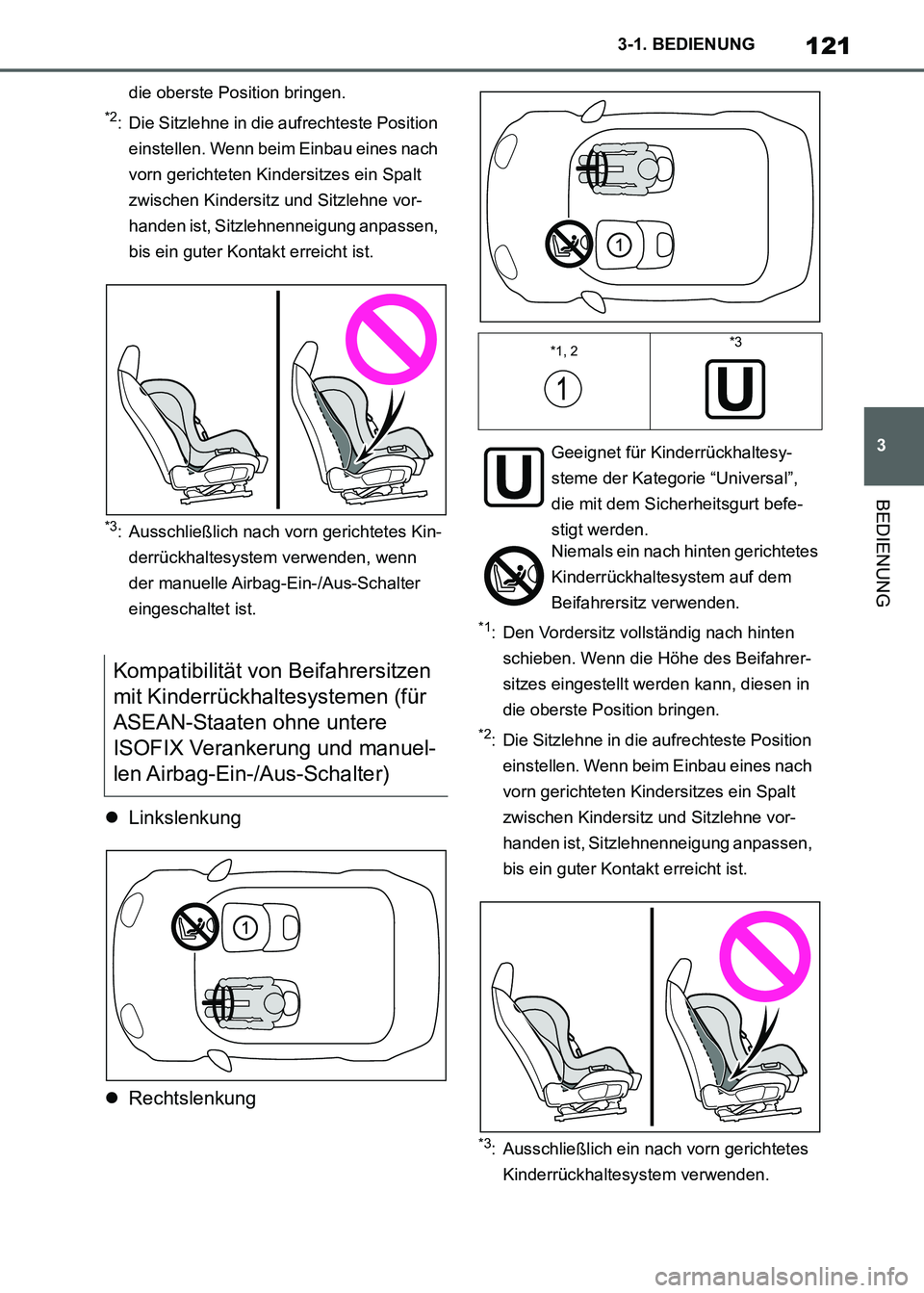 TOYOTA SUPRA 2021 Betriebsanleitungen (in German) 121
3 3-1. BEDIENUNG
BEDIENUNG
Supra Owners Manual_M (from Nov. 20 Prod.)
die oberste Position bringen.
*2: Die Sitzlehne in die aufrechteste Position
einstellen. Wenn beim Einbau eines nach
vorn TOYOTA SUPRA 2021 Betriebsanleitungen (in German) 121
3 3-1. BEDIENUNG
BEDIENUNG
Supra Owners Manual_M (from Nov. 20 Prod.)
die oberste Position bringen.
*2: Die Sitzlehne in die aufrechteste Position
einstellen. Wenn beim Einbau eines nach
vorn