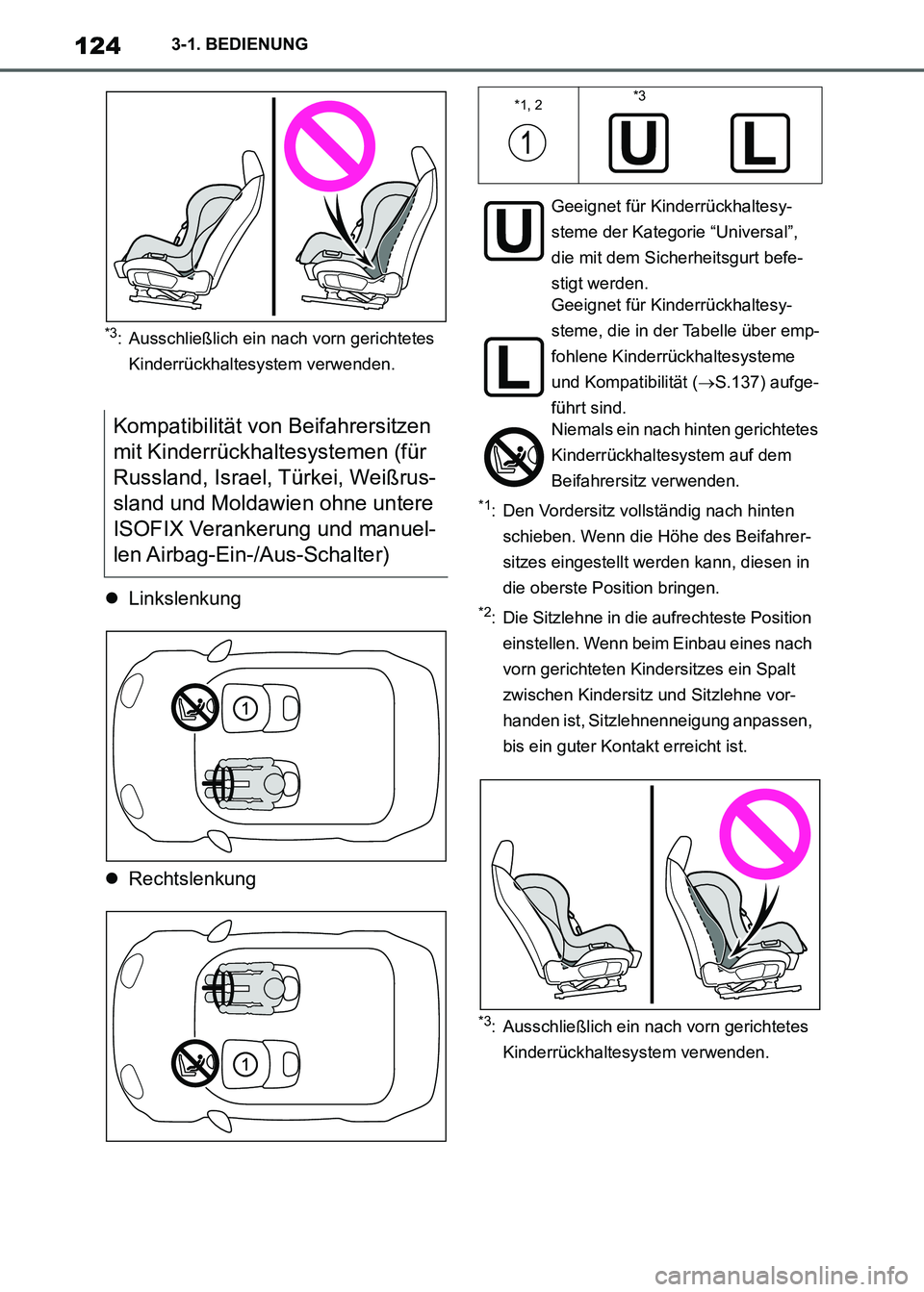 TOYOTA SUPRA 2021 Betriebsanleitungen (in German) 1243-1. BEDIENUNG
Supra Owners Manual_M (from Nov. 20 Prod.)
*3: Ausschließlich ein nach vorn gerichtetes
Kinderrückhaltesystem verwenden.
Linkslenkung
Rechtslenkung
*1: Den Vordersitz voll TOYOTA SUPRA 2021 Betriebsanleitungen (in German) 1243-1. BEDIENUNG
Supra Owners Manual_M (from Nov. 20 Prod.)
*3: Ausschließlich ein nach vorn gerichtetes
Kinderrückhaltesystem verwenden.
Linkslenkung
Rechtslenkung
*1: Den Vordersitz voll