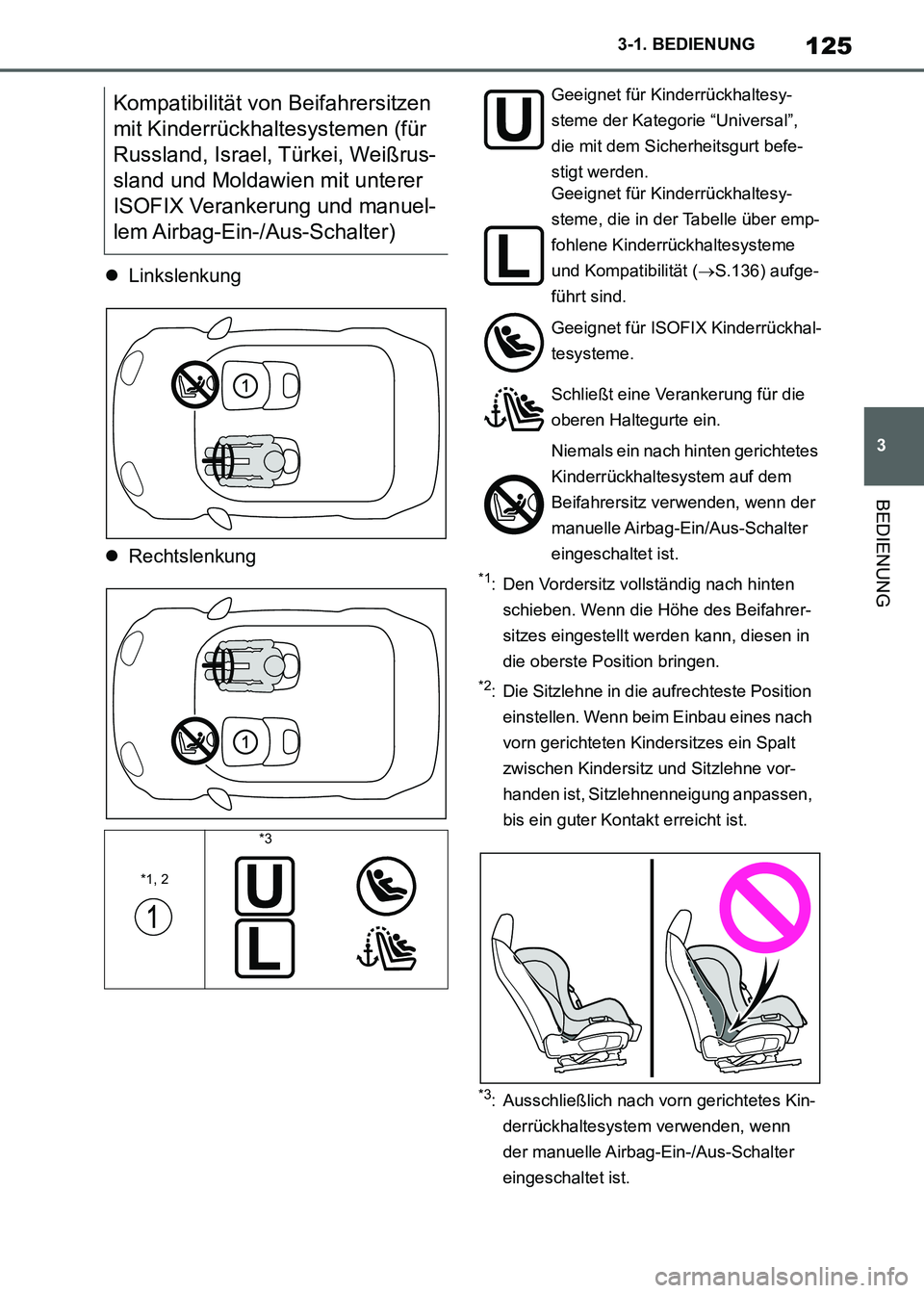TOYOTA SUPRA 2021 Betriebsanleitungen (in German) 125
3 3-1. BEDIENUNG
BEDIENUNG
Supra Owners Manual_M (from Nov. 20 Prod.)Linkslenkung
Rechtslenkung
*1: Den Vordersitz vollständig nach hinten
schieben. Wenn die Höhe des Beifahrer-
sitzes TOYOTA SUPRA 2021 Betriebsanleitungen (in German) 125
3 3-1. BEDIENUNG
BEDIENUNG
Supra Owners Manual_M (from Nov. 20 Prod.)Linkslenkung
Rechtslenkung
*1: Den Vordersitz vollständig nach hinten
schieben. Wenn die Höhe des Beifahrer-
sitzes