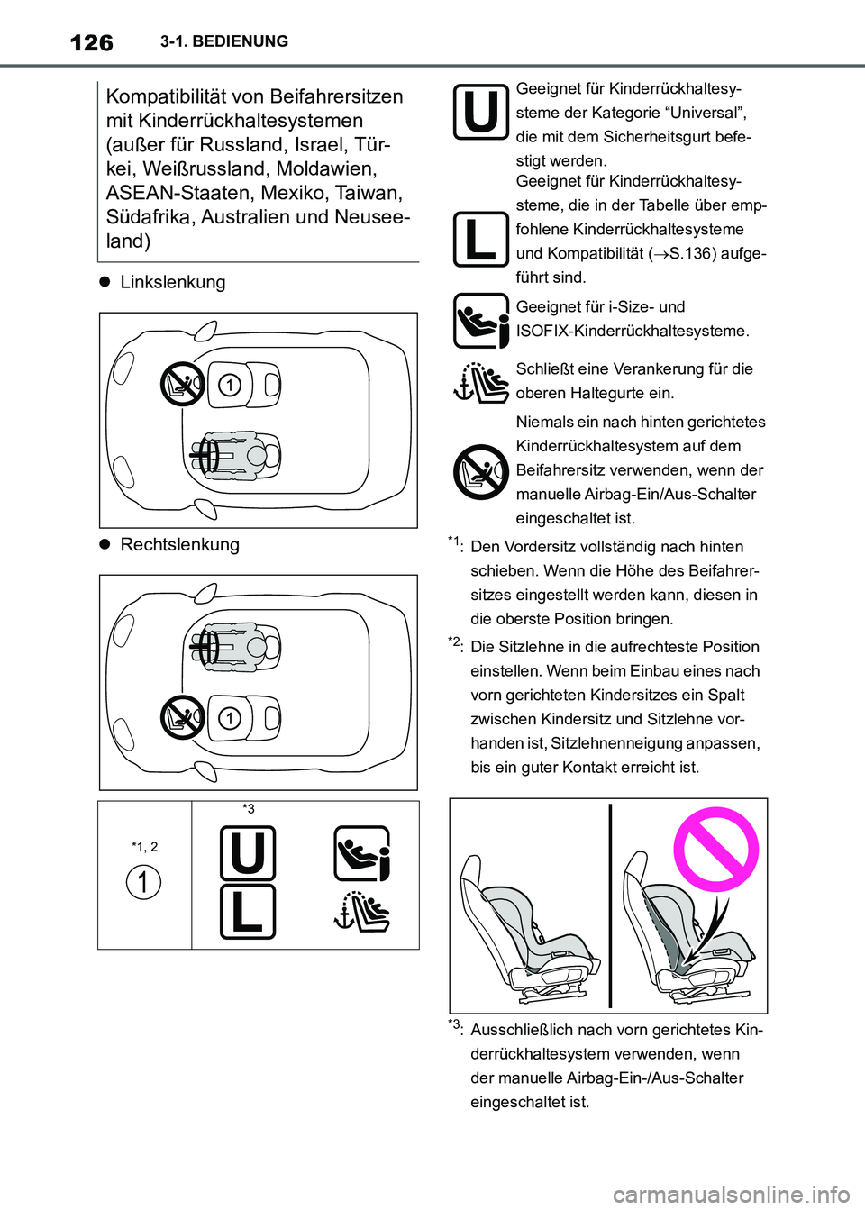 TOYOTA SUPRA 2021 Betriebsanleitungen (in German) 1263-1. BEDIENUNG
Supra Owners Manual_M (from Nov. 20 Prod.)Linkslenkung
Rechtslenkung
*1: Den Vordersitz vollständig nach hinten
schieben. Wenn die Höhe des Beifahrer-
sitzes eingestellt w TOYOTA SUPRA 2021 Betriebsanleitungen (in German) 1263-1. BEDIENUNG
Supra Owners Manual_M (from Nov. 20 Prod.)Linkslenkung
Rechtslenkung
*1: Den Vordersitz vollständig nach hinten
schieben. Wenn die Höhe des Beifahrer-
sitzes eingestellt w