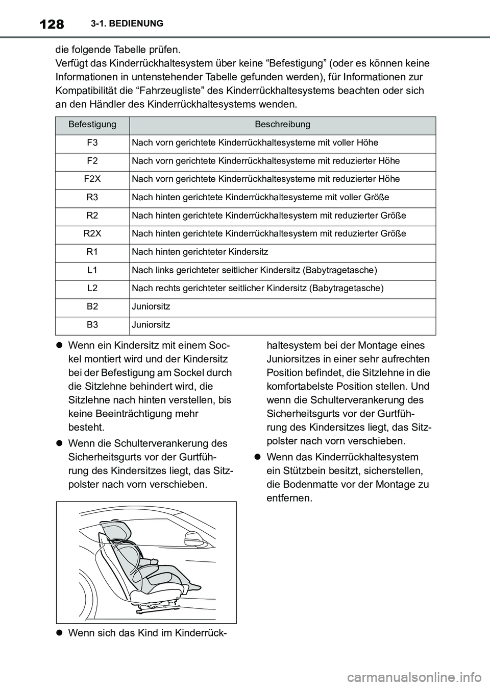 TOYOTA SUPRA 2021 Betriebsanleitungen (in German) 1283-1. BEDIENUNG
Supra Owners Manual_M (from Nov. 20 Prod.)die folgende Tabelle prüfen.
Verfügt das Kinderrückhaltesystem über keine “Befestigung” (oder es können keine
Informationen in u TOYOTA SUPRA 2021 Betriebsanleitungen (in German) 1283-1. BEDIENUNG
Supra Owners Manual_M (from Nov. 20 Prod.)die folgende Tabelle prüfen.
Verfügt das Kinderrückhaltesystem über keine “Befestigung” (oder es können keine
Informationen in u