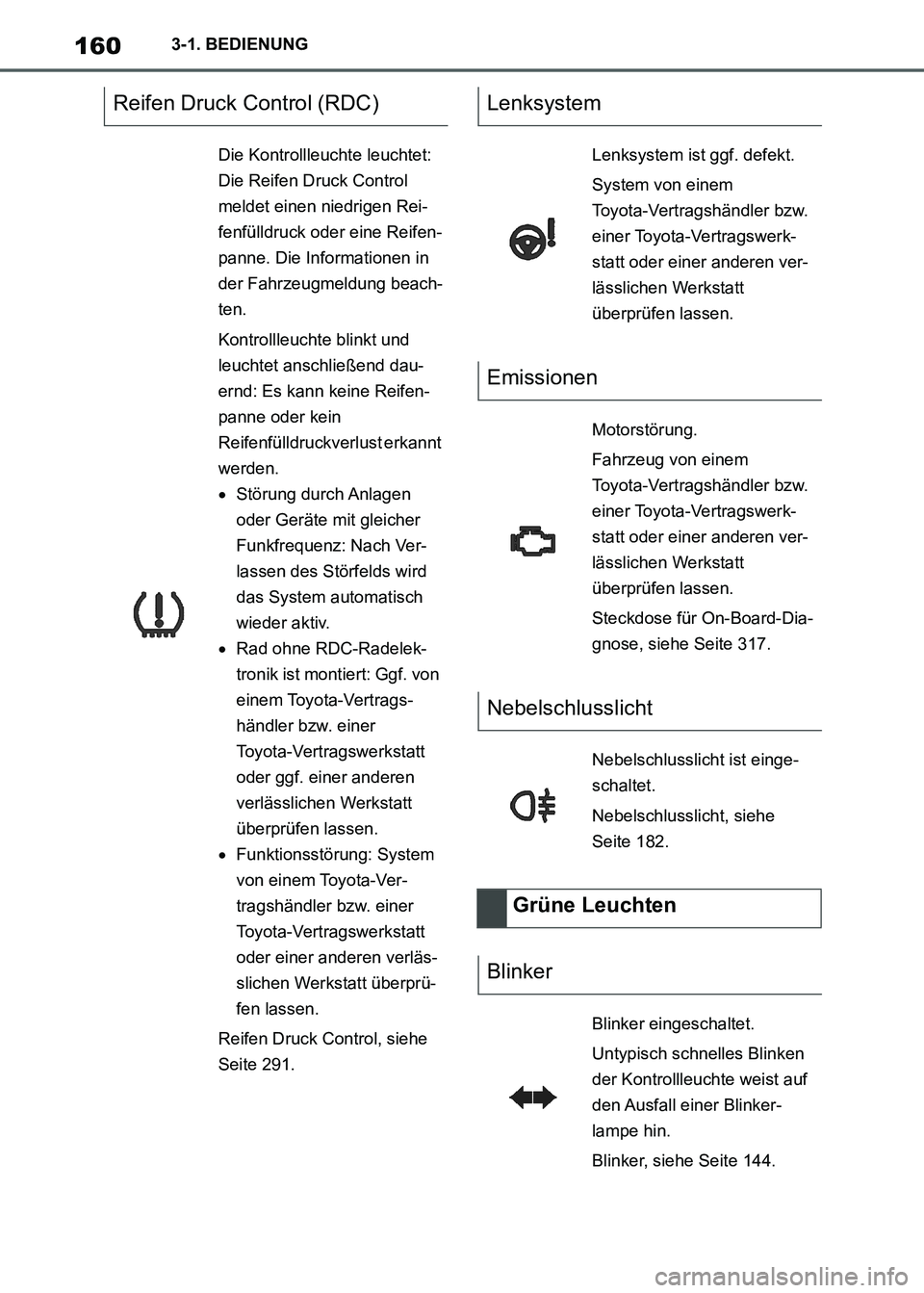TOYOTA SUPRA 2021 Betriebsanleitungen (in German) 1603-1. BEDIENUNG
Supra Owners Manual_M (from Nov. 20 Prod.)
Reifen Druck Control (RDC)
Die Kontrollleuchte leuchtet:
Die Reifen Druck Control
meldet einen niedrigen Rei-
fenfülldruck oder eine R TOYOTA SUPRA 2021 Betriebsanleitungen (in German) 1603-1. BEDIENUNG
Supra Owners Manual_M (from Nov. 20 Prod.)
Reifen Druck Control (RDC)
Die Kontrollleuchte leuchtet:
Die Reifen Druck Control
meldet einen niedrigen Rei-
fenfülldruck oder eine R