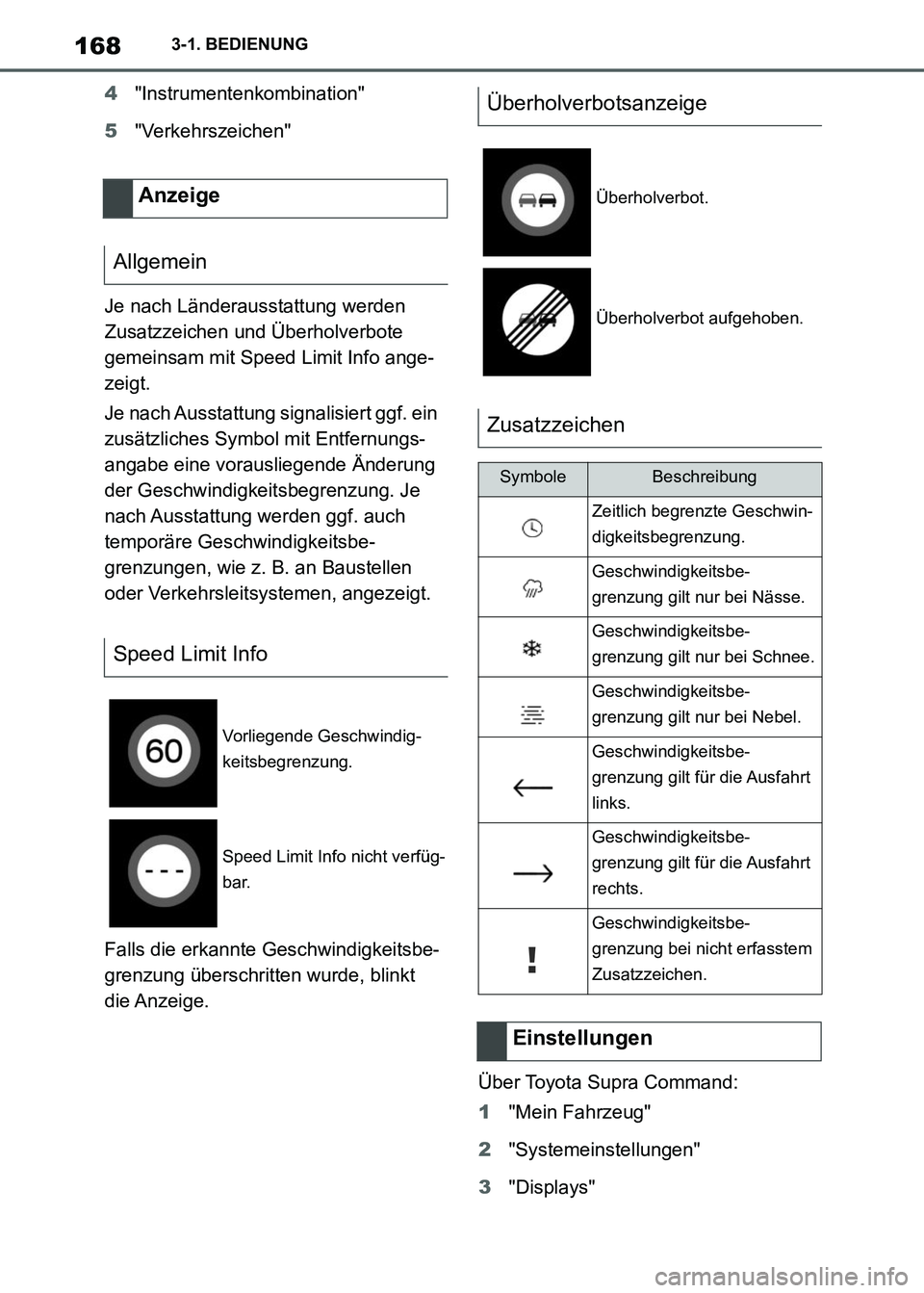 TOYOTA SUPRA 2021 Betriebsanleitungen (in German) 1683-1. BEDIENUNG
Supra Owners Manual_M (from Nov. 20 Prod.)4"Instrumentenkombination"
5"Verkehrszeichen"
Je nach Länderausstattung werden
Zusatzzeichen und Überholverbote
gemeinsam mit Speed Li TOYOTA SUPRA 2021 Betriebsanleitungen (in German) 1683-1. BEDIENUNG
Supra Owners Manual_M (from Nov. 20 Prod.)4"Instrumentenkombination"
5"Verkehrszeichen"
Je nach Länderausstattung werden
Zusatzzeichen und Überholverbote
gemeinsam mit Speed Li