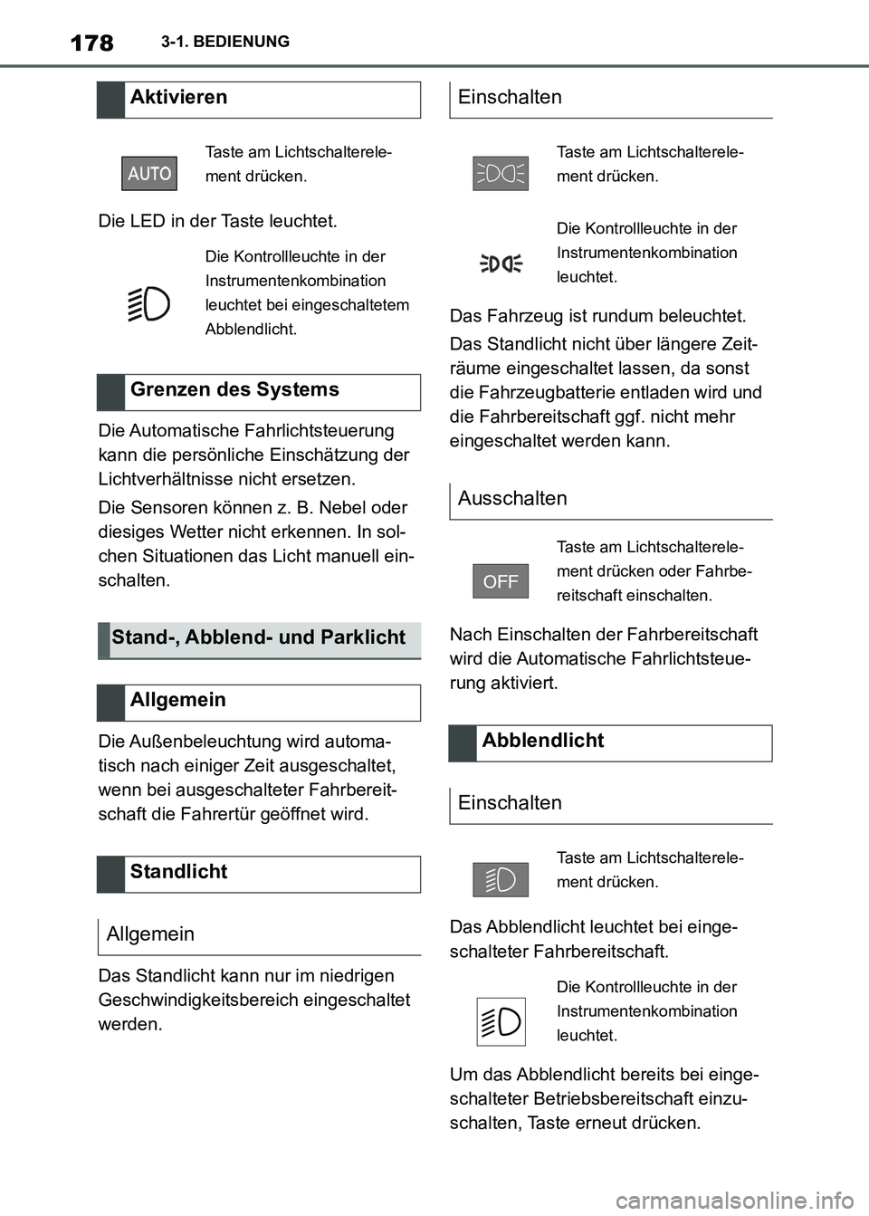 TOYOTA SUPRA 2021 Betriebsanleitungen (in German) 1783-1. BEDIENUNG
Supra Owners Manual_M (from Nov. 20 Prod.)Die LED in der Taste leuchtet.
Die Automatische Fahrlichtsteuerung
kann die persönliche Einschätzung der
Lichtverhältnisse nicht ers TOYOTA SUPRA 2021 Betriebsanleitungen (in German) 1783-1. BEDIENUNG
Supra Owners Manual_M (from Nov. 20 Prod.)Die LED in der Taste leuchtet.
Die Automatische Fahrlichtsteuerung
kann die persönliche Einschätzung der
Lichtverhältnisse nicht ers