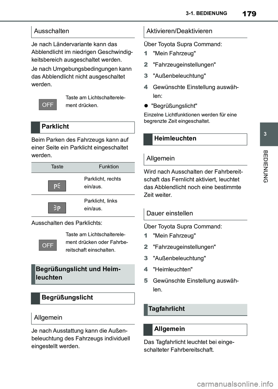 TOYOTA SUPRA 2021 Betriebsanleitungen (in German) 179
3 3-1. BEDIENUNG
BEDIENUNG
Supra Owners Manual_M (from Nov. 20 Prod.)Je nach Ländervariante kann das
Abblendlicht im niedrigen Geschwindig-
keitsbereich ausgeschaltet werden.
Je nach Umgebungs TOYOTA SUPRA 2021 Betriebsanleitungen (in German) 179
3 3-1. BEDIENUNG
BEDIENUNG
Supra Owners Manual_M (from Nov. 20 Prod.)Je nach Ländervariante kann das
Abblendlicht im niedrigen Geschwindig-
keitsbereich ausgeschaltet werden.
Je nach Umgebungs