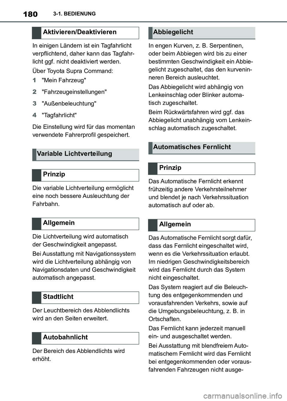 TOYOTA SUPRA 2021 Betriebsanleitungen (in German) 1803-1. BEDIENUNG
Supra Owners Manual_M (from Nov. 20 Prod.)In einigen Ländern ist ein Tagfahrlicht
verpflichtend, daher kann das Tagfahr-
licht ggf. nicht deaktiviert werden.
Über Toyota Supra C TOYOTA SUPRA 2021 Betriebsanleitungen (in German) 1803-1. BEDIENUNG
Supra Owners Manual_M (from Nov. 20 Prod.)In einigen Ländern ist ein Tagfahrlicht
verpflichtend, daher kann das Tagfahr-
licht ggf. nicht deaktiviert werden.
Über Toyota Supra C