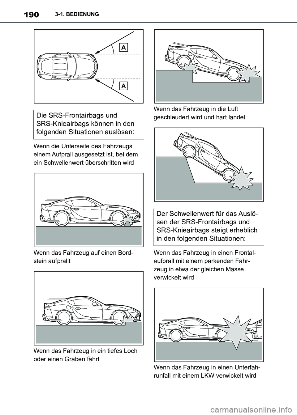 TOYOTA SUPRA 2021 Betriebsanleitungen (in German) 1903-1. BEDIENUNG
Supra Owners Manual_M (from Nov. 20 Prod.)Wenn die Unterseite des Fahrzeugs
einem Aufprall ausgesetzt ist, bei dem
ein Schwellenwert überschritten wird
Wenn das Fahrzeug auf ein TOYOTA SUPRA 2021 Betriebsanleitungen (in German) 1903-1. BEDIENUNG
Supra Owners Manual_M (from Nov. 20 Prod.)Wenn die Unterseite des Fahrzeugs
einem Aufprall ausgesetzt ist, bei dem
ein Schwellenwert überschritten wird
Wenn das Fahrzeug auf ein