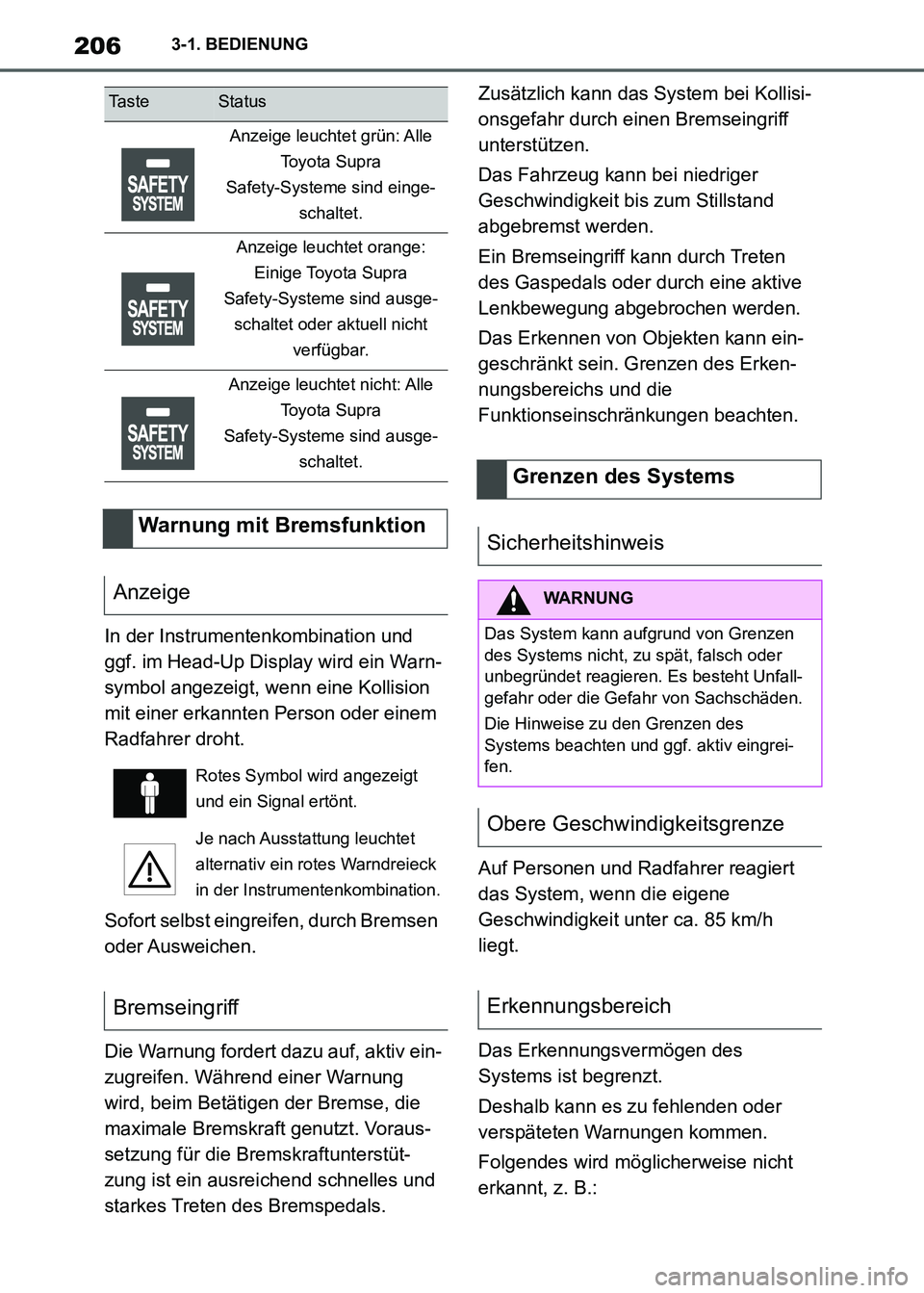 TOYOTA SUPRA 2021  Betriebsanleitungen (in German) 2063-1. BEDIENUNG
Supra Owners Manual_M (from Nov. 20 Prod.)In der Instrumentenkombination und 
ggf. im Head-Up Display wird ein Warn-
symbol angezeigt, wenn eine Kollision 
mit einer erkannten Pers
