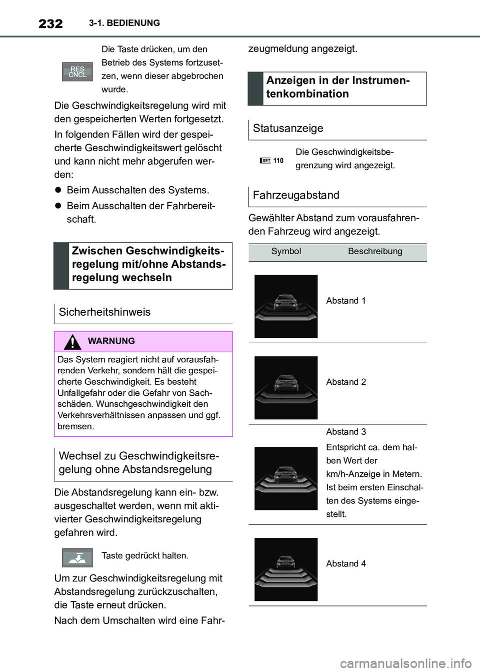 TOYOTA SUPRA 2021  Betriebsanleitungen (in German) 2323-1. BEDIENUNG
Supra Owners Manual_M (from Nov. 20 Prod.)Die Geschwindigkeitsregelung wird mit 
den gespeicherten Werten fortgesetzt.
In folgenden Fällen wird der gespei-
cherte Geschwindigkeits
