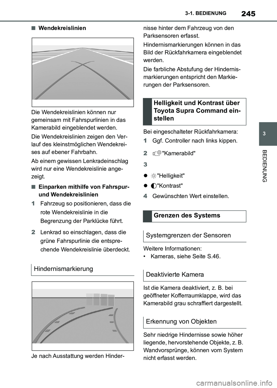 TOYOTA SUPRA 2021  Betriebsanleitungen (in German) 245
3 3-1. BEDIENUNG
BEDIENUNG
Supra Owners Manual_M (from Nov. 20 Prod.)
■Wendekreislinien
Die Wendekreislinien können nur 
gemeinsam mit Fahrspurlinien in das 
Kamerabild eingeblendet werden.
D