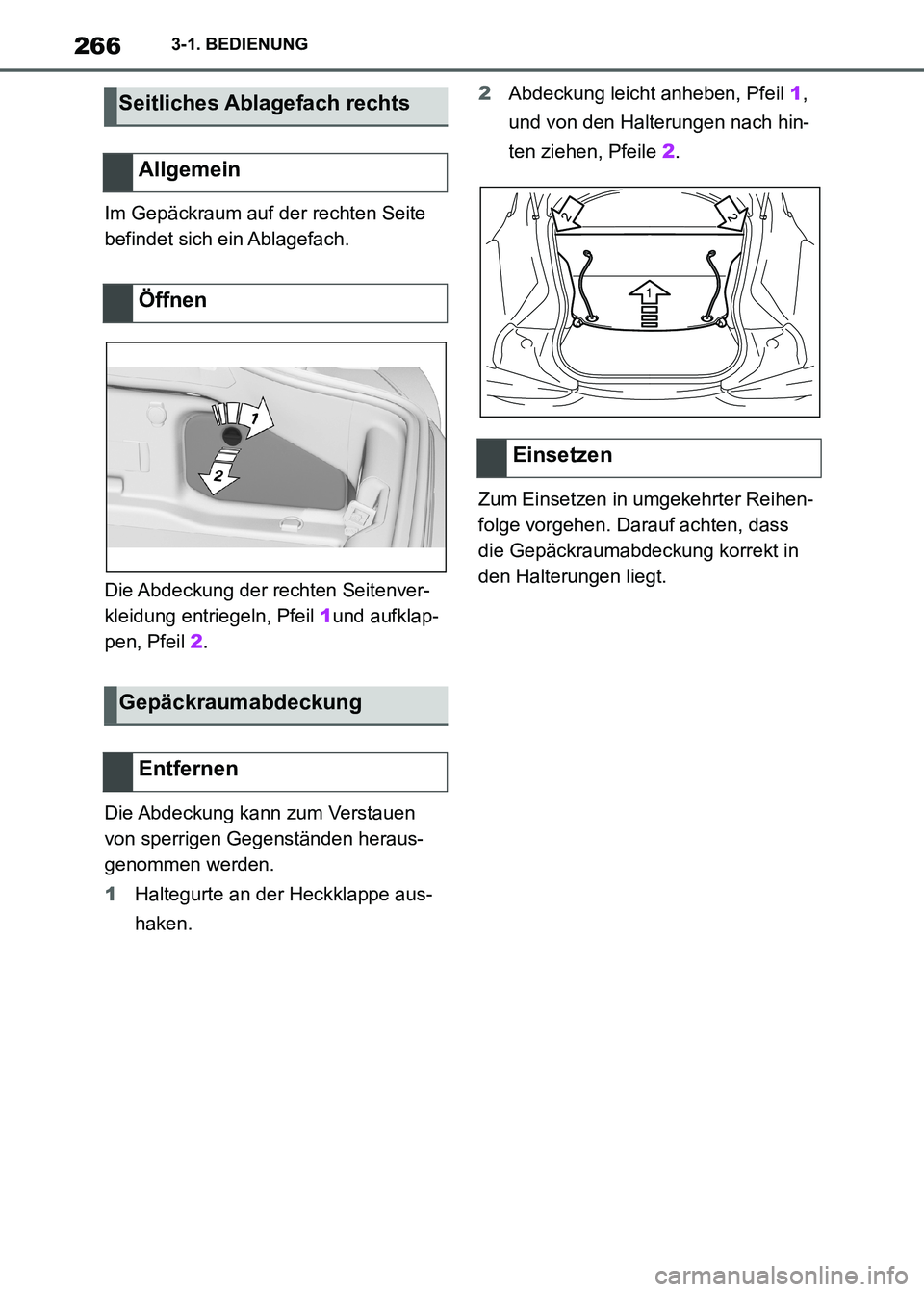 TOYOTA SUPRA 2021 Betriebsanleitungen (in German) 2663-1. BEDIENUNG
Supra Owners Manual_M (from Nov. 20 Prod.)Im Gepäckraum auf der rechten Seite
befindet sich ein Ablagefach.
Die Abdeckung der rechten Seitenver-
kleidung entriegeln, Pfeil 1und a TOYOTA SUPRA 2021 Betriebsanleitungen (in German) 2663-1. BEDIENUNG
Supra Owners Manual_M (from Nov. 20 Prod.)Im Gepäckraum auf der rechten Seite
befindet sich ein Ablagefach.
Die Abdeckung der rechten Seitenver-
kleidung entriegeln, Pfeil 1und a