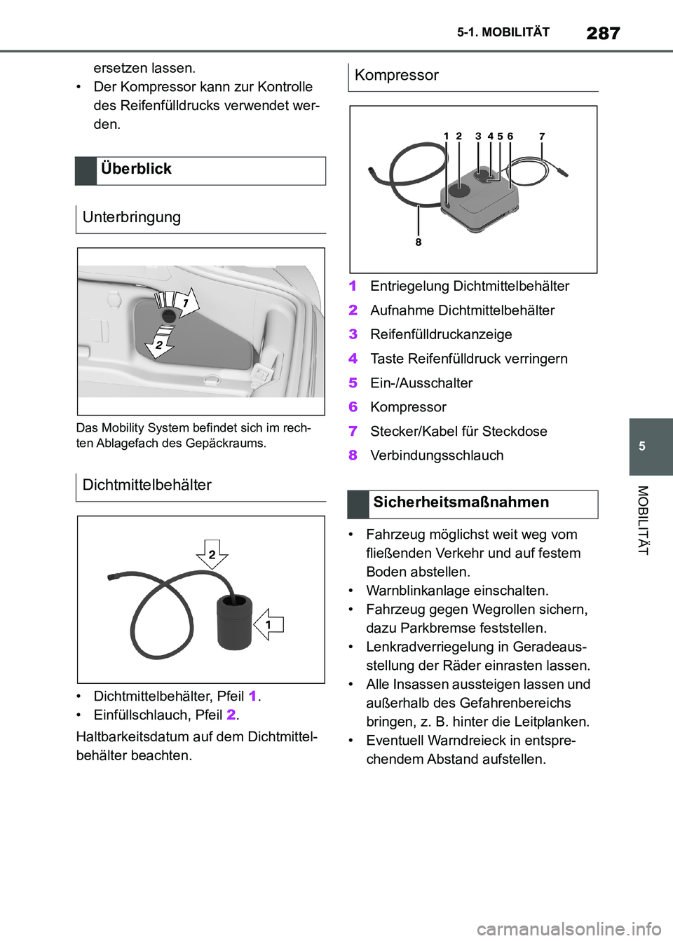 TOYOTA SUPRA 2021 Betriebsanleitungen (in German) 287
5 5-1. MOBILITÄT
MOBILITÄT
Supra Owners Manual_M (from Nov. 20 Prod.)ersetzen lassen.
• Der Kompressor kann zur Kontrolle
des Reifenfülldrucks verwendet wer-
den.
Das Mobility System befin TOYOTA SUPRA 2021 Betriebsanleitungen (in German) 287
5 5-1. MOBILITÄT
MOBILITÄT
Supra Owners Manual_M (from Nov. 20 Prod.)ersetzen lassen.
• Der Kompressor kann zur Kontrolle
des Reifenfülldrucks verwendet wer-
den.
Das Mobility System befin
