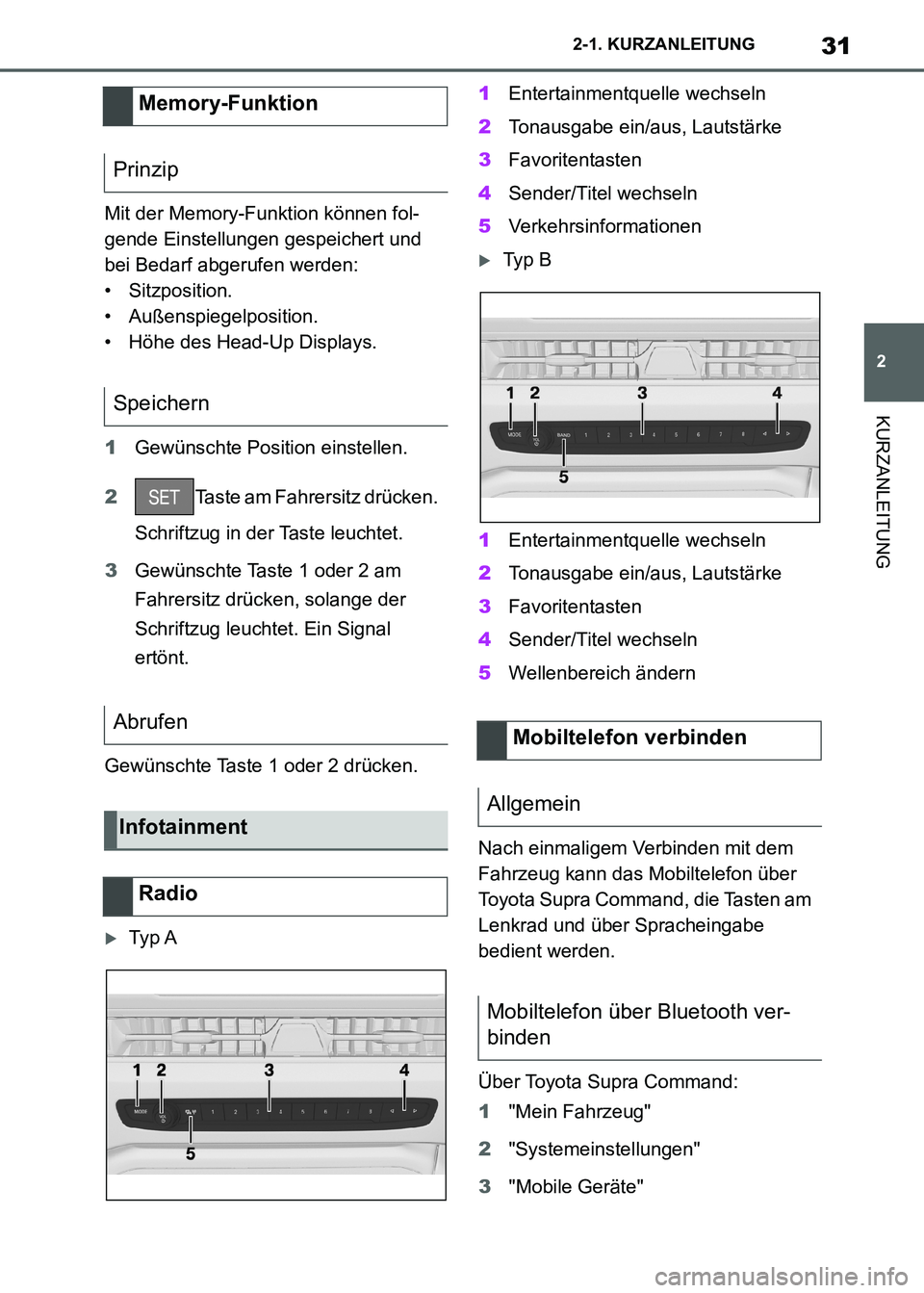 TOYOTA SUPRA 2021 Betriebsanleitungen (in German) 31
2 2-1. KURZANLEITUNG
KURZANLEITUNG
Supra Owners Manual_M (from Nov. 20 Prod.)Mit der Memory-Funktion können fol-
gende Einstellungen gespeichert und
bei Bedarf abgerufen werden:
• Sitzpositio TOYOTA SUPRA 2021 Betriebsanleitungen (in German) 31
2 2-1. KURZANLEITUNG
KURZANLEITUNG
Supra Owners Manual_M (from Nov. 20 Prod.)Mit der Memory-Funktion können fol-
gende Einstellungen gespeichert und
bei Bedarf abgerufen werden:
• Sitzpositio
