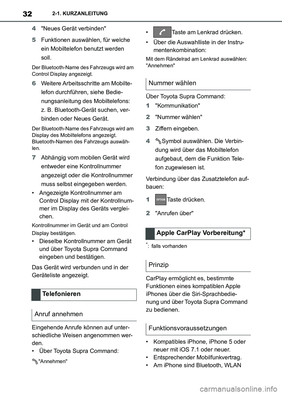 TOYOTA SUPRA 2021 Betriebsanleitungen (in German) 322-1. KURZANLEITUNG
Supra Owners Manual_M (from Nov. 20 Prod.)4"Neues Gerät verbinden"
5Funktionen auswählen, für welche
ein Mobiltelefon benutzt werden
soll.
Der Bluetooth-Name des Fahrzeugs TOYOTA SUPRA 2021 Betriebsanleitungen (in German) 322-1. KURZANLEITUNG
Supra Owners Manual_M (from Nov. 20 Prod.)4"Neues Gerät verbinden"
5Funktionen auswählen, für welche
ein Mobiltelefon benutzt werden
soll.
Der Bluetooth-Name des Fahrzeugs