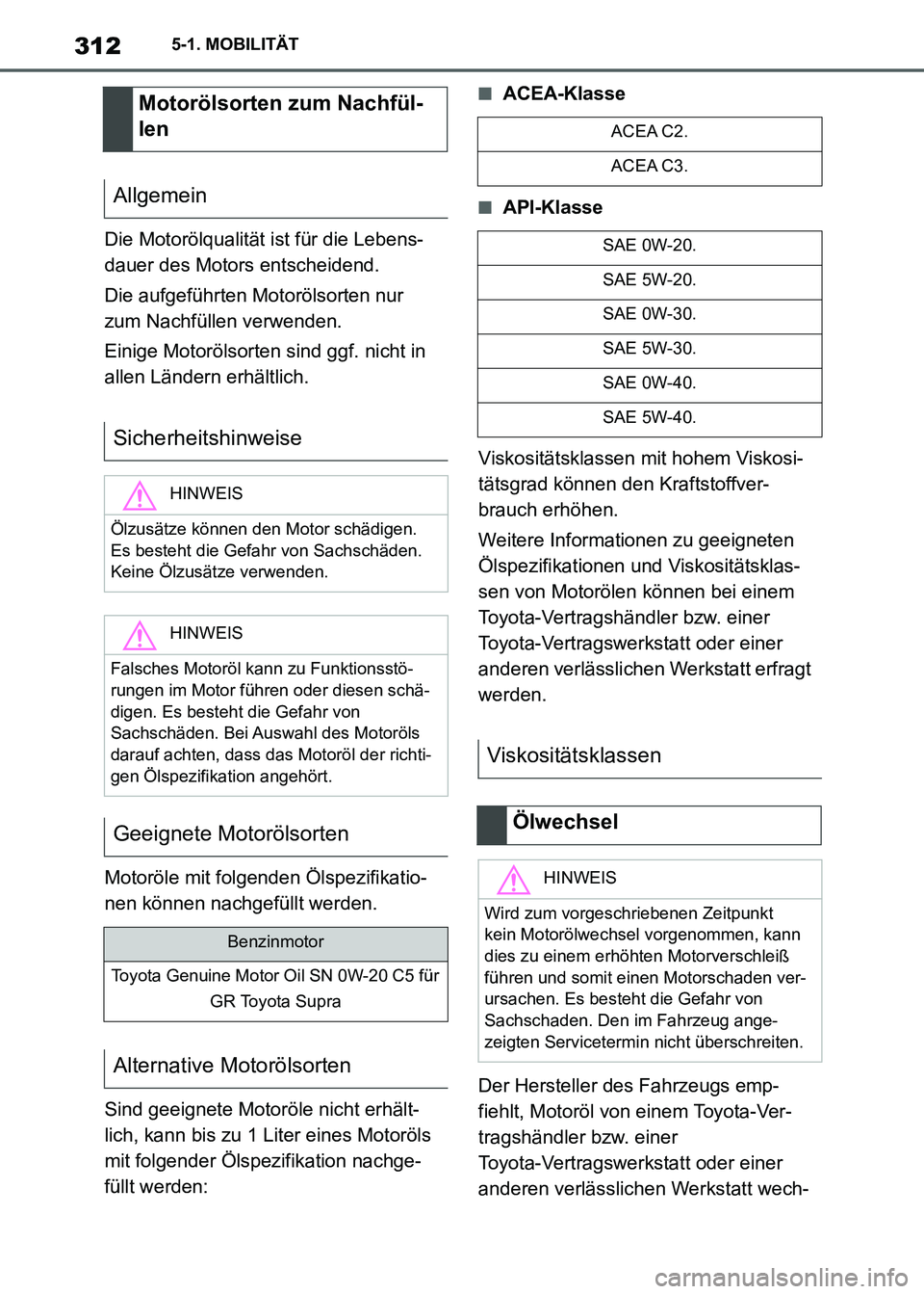 TOYOTA SUPRA 2021 Betriebsanleitungen (in German) 3125-1. MOBILITÄT
Supra Owners Manual_M (from Nov. 20 Prod.)Die Motorölqualität ist für die Lebens-
dauer des Motors entscheidend.
Die aufgeführten Motorölsorten nur
zum Nachfüllen verwenden TOYOTA SUPRA 2021 Betriebsanleitungen (in German) 3125-1. MOBILITÄT
Supra Owners Manual_M (from Nov. 20 Prod.)Die Motorölqualität ist für die Lebens-
dauer des Motors entscheidend.
Die aufgeführten Motorölsorten nur
zum Nachfüllen verwenden