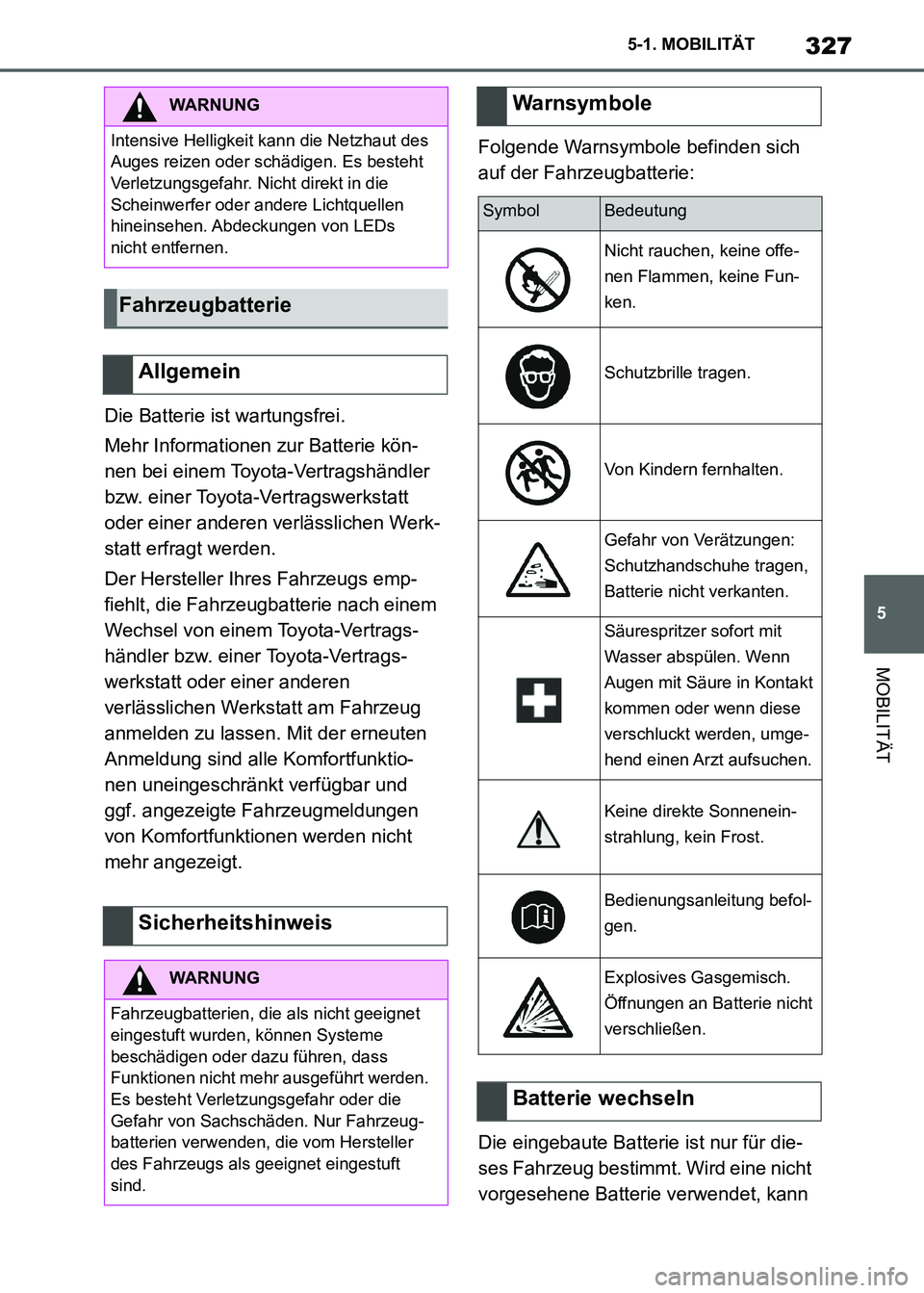TOYOTA SUPRA 2021 Betriebsanleitungen (in German) 327
5 5-1. MOBILITÄT
MOBILITÄT
Supra Owners Manual_M (from Nov. 20 Prod.)Die Batterie ist wartungsfrei.
Mehr Informationen zur Batterie kön-
nen bei einem Toyota-Vertragshändler
bzw. einer Toyo TOYOTA SUPRA 2021 Betriebsanleitungen (in German) 327
5 5-1. MOBILITÄT
MOBILITÄT
Supra Owners Manual_M (from Nov. 20 Prod.)Die Batterie ist wartungsfrei.
Mehr Informationen zur Batterie kön-
nen bei einem Toyota-Vertragshändler
bzw. einer Toyo