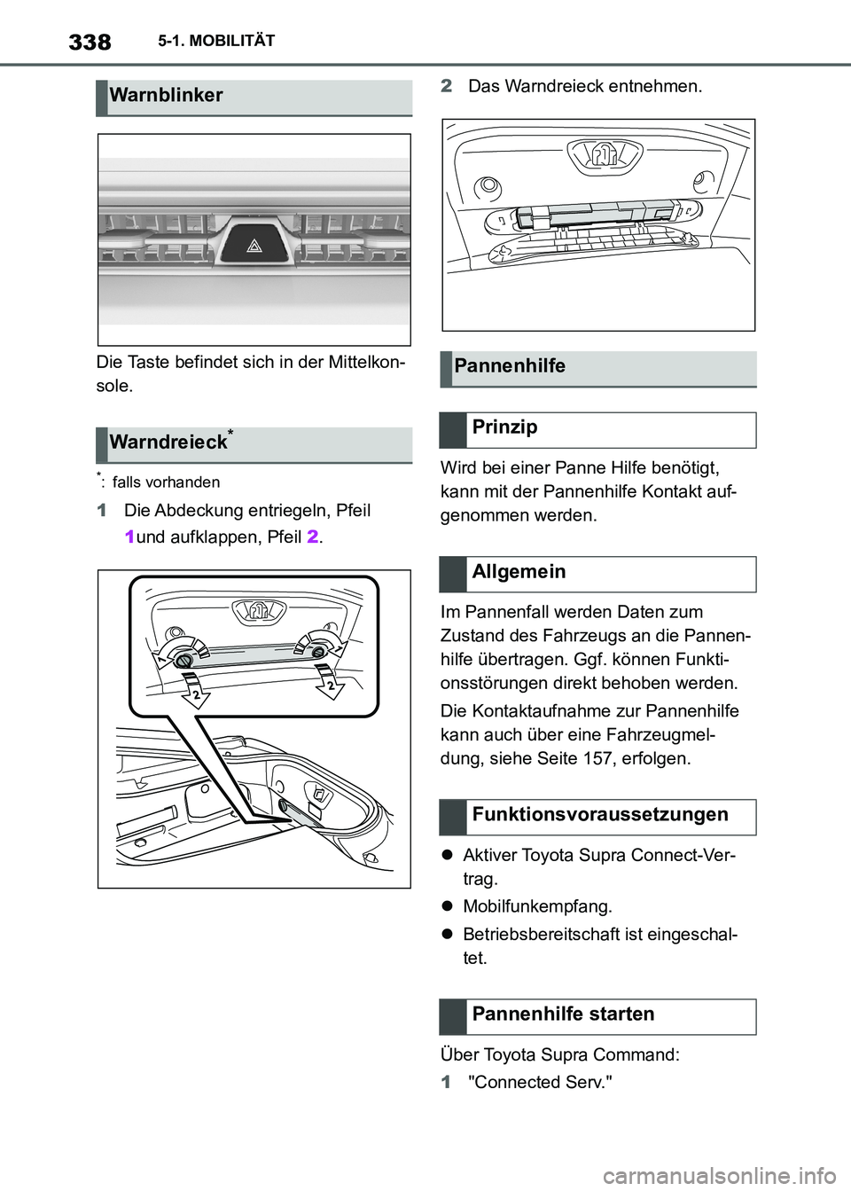 TOYOTA SUPRA 2021  Betriebsanleitungen (in German) 3385-1. MOBILITÄT
Supra Owners Manual_M (from Nov. 20 Prod.)Die Taste befindet sich in der Mittelkon-
sole.
*: falls vorhanden
1Die Abdeckung entriegeln, Pfeil 
1und aufklappen, Pfeil 2.2Das Warndr