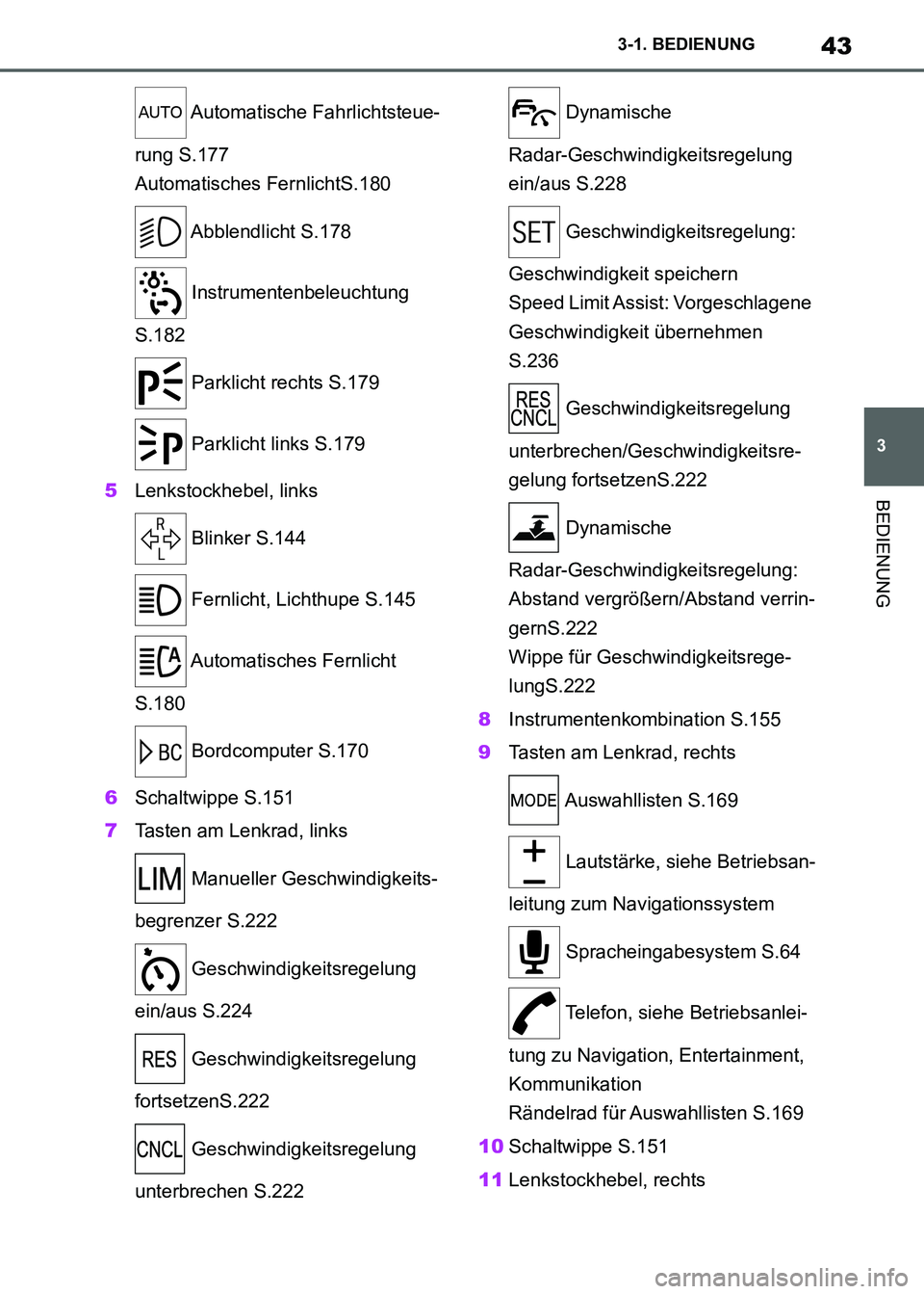TOYOTA SUPRA 2021 Betriebsanleitungen (in German) 43
3 3-1. BEDIENUNG
BEDIENUNG
Supra Owners Manual_M (from Nov. 20 Prod.) Automatische Fahrlichtsteue-
rung S.177
Automatisches FernlichtS.180
Abblendlicht S.178
Instrumentenbeleuchtung
S.182
P TOYOTA SUPRA 2021 Betriebsanleitungen (in German) 43
3 3-1. BEDIENUNG
BEDIENUNG
Supra Owners Manual_M (from Nov. 20 Prod.) Automatische Fahrlichtsteue-
rung S.177
Automatisches FernlichtS.180
Abblendlicht S.178
Instrumentenbeleuchtung
S.182
P