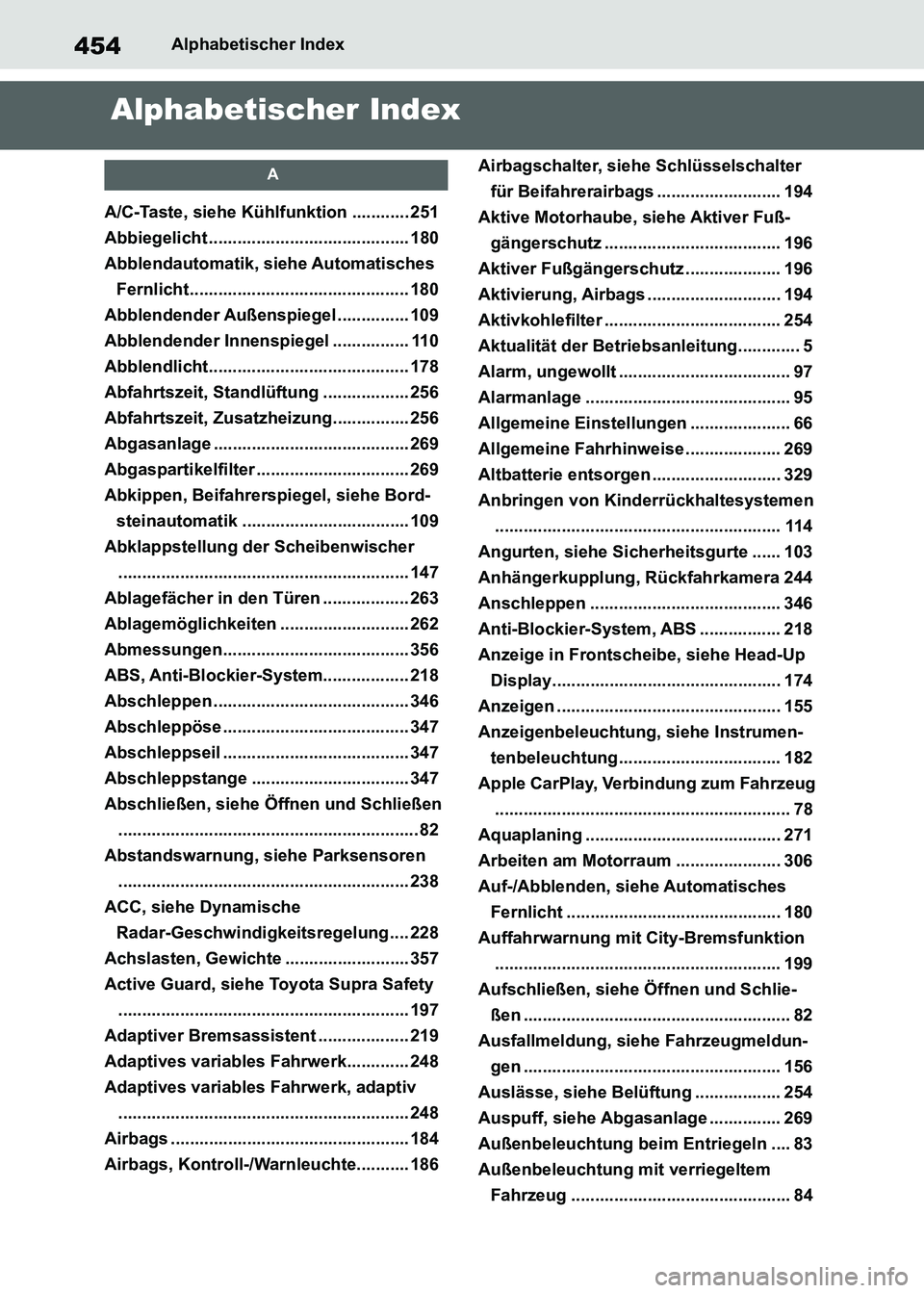 TOYOTA SUPRA 2021 Betriebsanleitungen (in German) 454Alphabetischer Index
Supra Owners Manual_M (from Nov. 20 Prod.)
Alphabetischer Index
A
A/C-Taste, siehe Kühlfunktion ............ 251
Abbiegelicht .......................................... 180
TOYOTA SUPRA 2021 Betriebsanleitungen (in German) 454Alphabetischer Index
Supra Owners Manual_M (from Nov. 20 Prod.)
Alphabetischer Index
A
A/C-Taste, siehe Kühlfunktion ............ 251
Abbiegelicht .......................................... 180