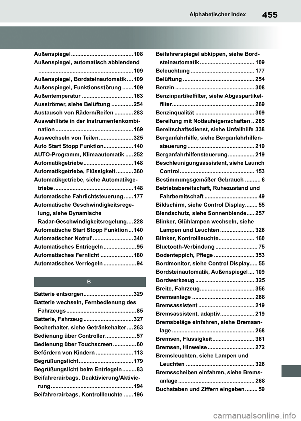 TOYOTA SUPRA 2021 Betriebsanleitungen (in German) 455Alphabetischer Index
Supra Owners Manual_M (from Nov. 20 Prod.)
Außenspiegel ........................................ 108
Außenspiegel, automatisch abblendend
.................................. TOYOTA SUPRA 2021 Betriebsanleitungen (in German) 455Alphabetischer Index
Supra Owners Manual_M (from Nov. 20 Prod.)
Außenspiegel ........................................ 108
Außenspiegel, automatisch abblendend
..................................