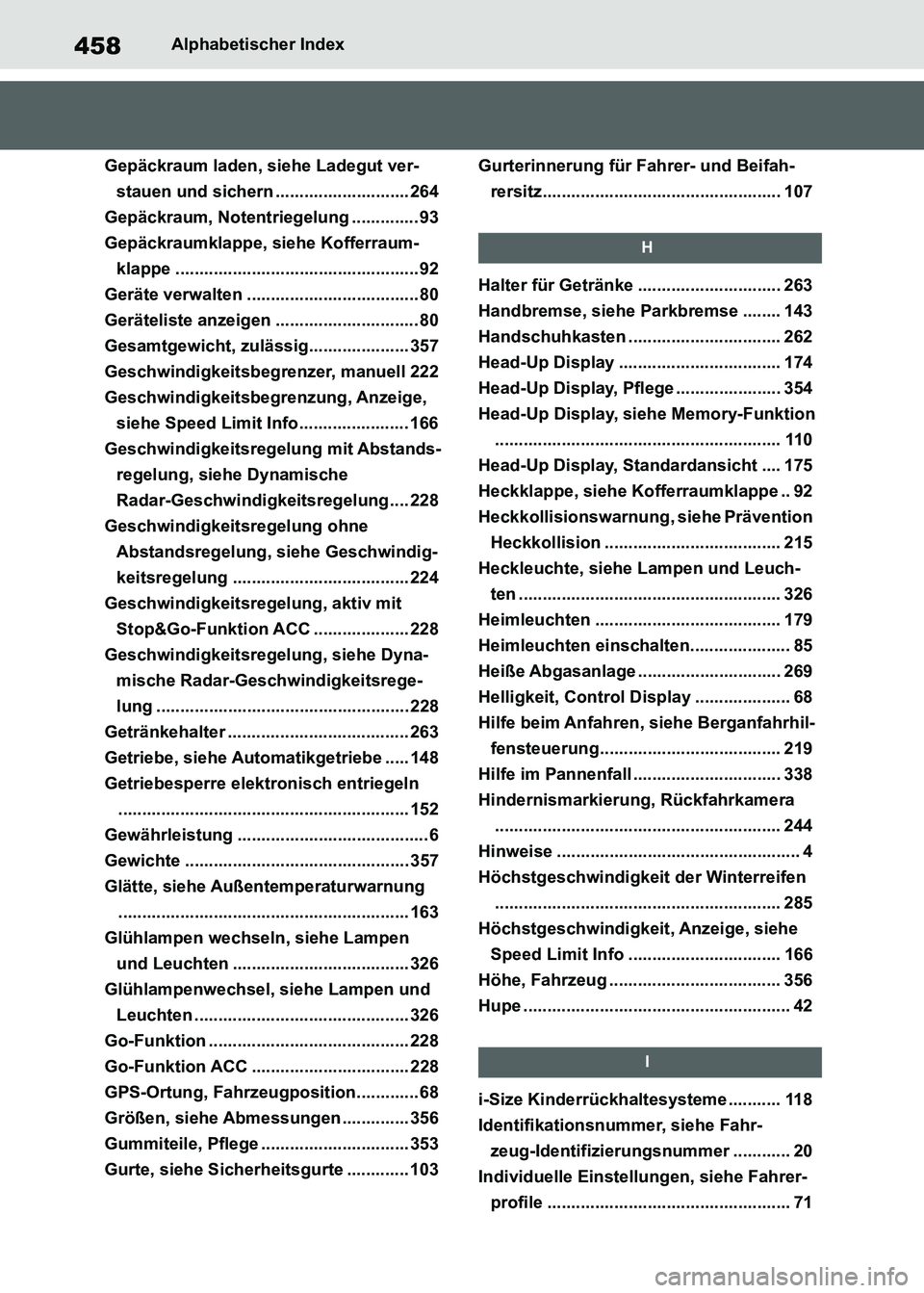 TOYOTA SUPRA 2021 Betriebsanleitungen (in German) 458Alphabetischer Index
Supra Owners Manual_M (from Nov. 20 Prod.)
Gepäckraum laden, siehe Ladegut ver-
stauen und sichern ............................ 264
Gepäckraum, Notentriegelung ............ TOYOTA SUPRA 2021 Betriebsanleitungen (in German) 458Alphabetischer Index
Supra Owners Manual_M (from Nov. 20 Prod.)
Gepäckraum laden, siehe Ladegut ver-
stauen und sichern ............................ 264
Gepäckraum, Notentriegelung ............