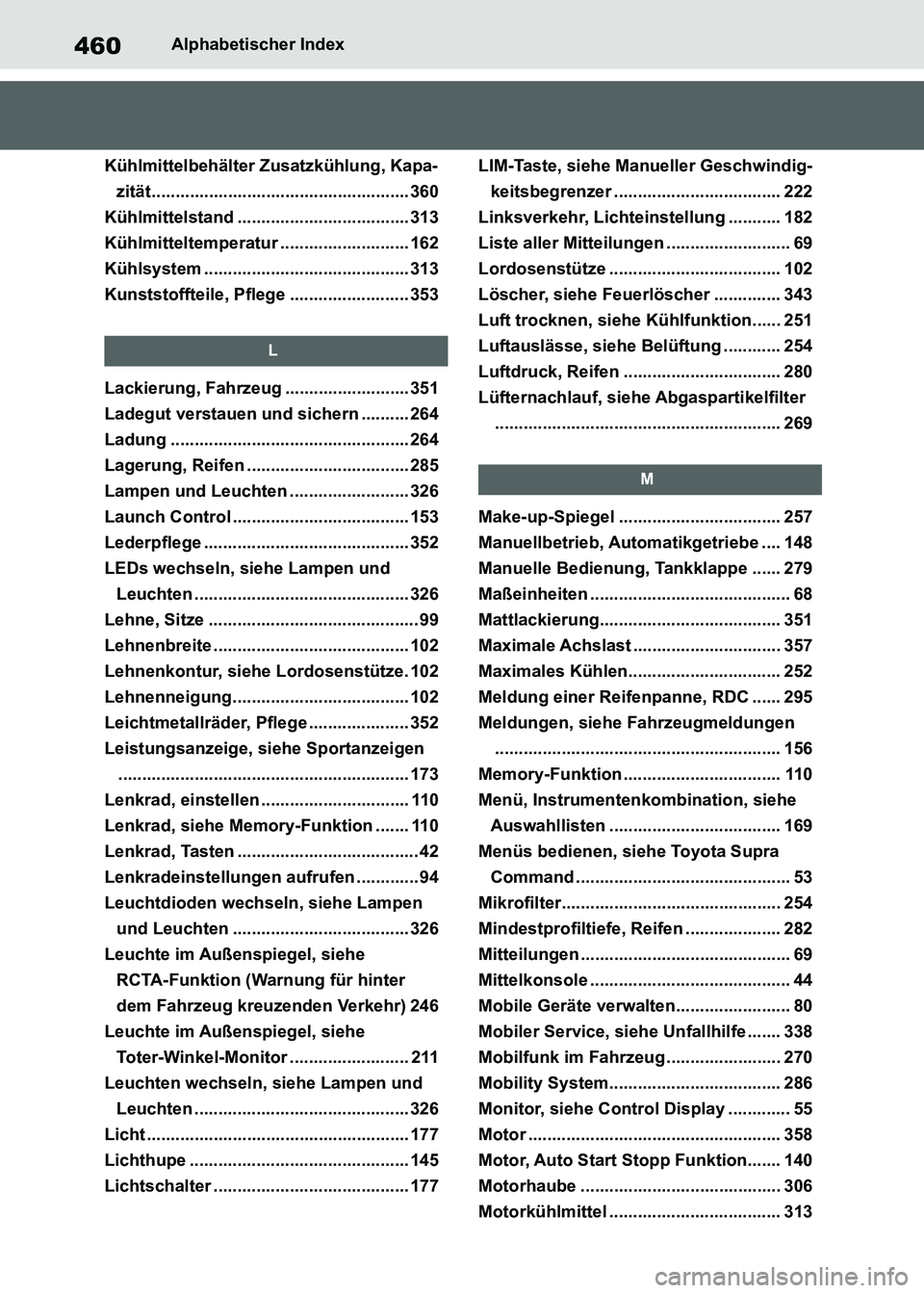 TOYOTA SUPRA 2021 Betriebsanleitungen (in German) 460Alphabetischer Index
Supra Owners Manual_M (from Nov. 20 Prod.)
Kühlmittelbehälter Zusatzkühlung, Kapa-
zität...................................................... 360
Kühlmittelstand ...... TOYOTA SUPRA 2021 Betriebsanleitungen (in German) 460Alphabetischer Index
Supra Owners Manual_M (from Nov. 20 Prod.)
Kühlmittelbehälter Zusatzkühlung, Kapa-
zität...................................................... 360
Kühlmittelstand ......