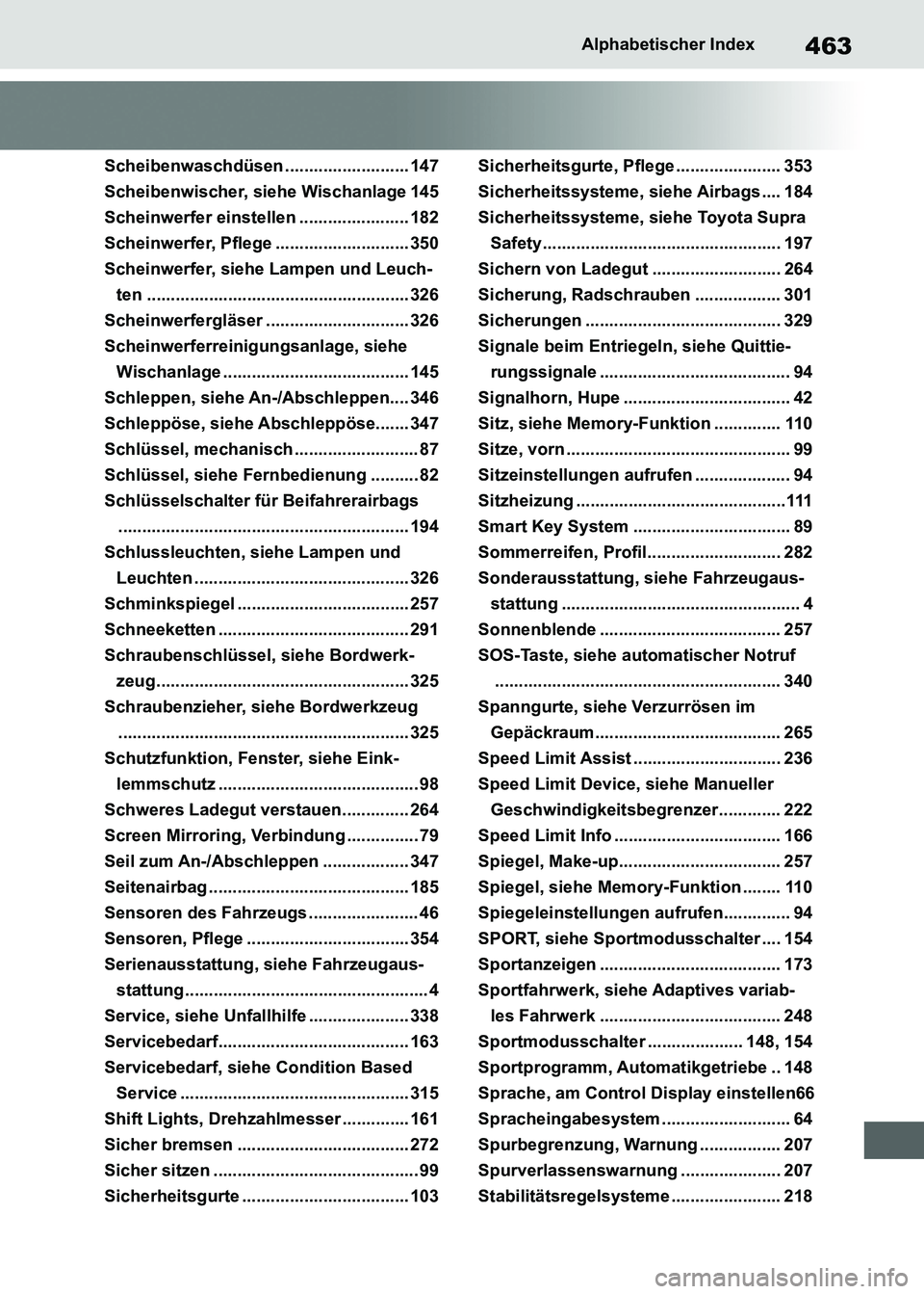 TOYOTA SUPRA 2021 Betriebsanleitungen (in German) 463Alphabetischer Index
Supra Owners Manual_M (from Nov. 20 Prod.)
Scheibenwaschdüsen .......................... 147
Scheibenwischer, siehe Wischanlage 145
Scheinwerfer einstellen ................. TOYOTA SUPRA 2021 Betriebsanleitungen (in German) 463Alphabetischer Index
Supra Owners Manual_M (from Nov. 20 Prod.)
Scheibenwaschdüsen .......................... 147
Scheibenwischer, siehe Wischanlage 145
Scheinwerfer einstellen .................
