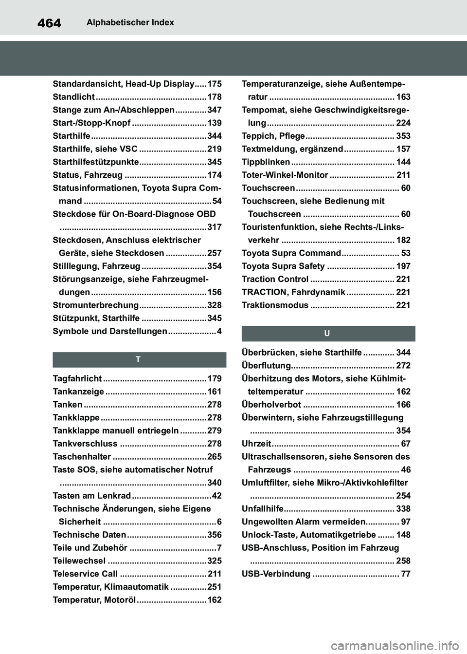 TOYOTA SUPRA 2021 Betriebsanleitungen (in German) 464Alphabetischer Index
Supra Owners Manual_M (from Nov. 20 Prod.)
Standardansicht, Head-Up Display..... 175
Standlicht .............................................. 178
Stange zum An-/Abschleppen TOYOTA SUPRA 2021 Betriebsanleitungen (in German) 464Alphabetischer Index
Supra Owners Manual_M (from Nov. 20 Prod.)
Standardansicht, Head-Up Display..... 175
Standlicht .............................................. 178
Stange zum An-/Abschleppen
