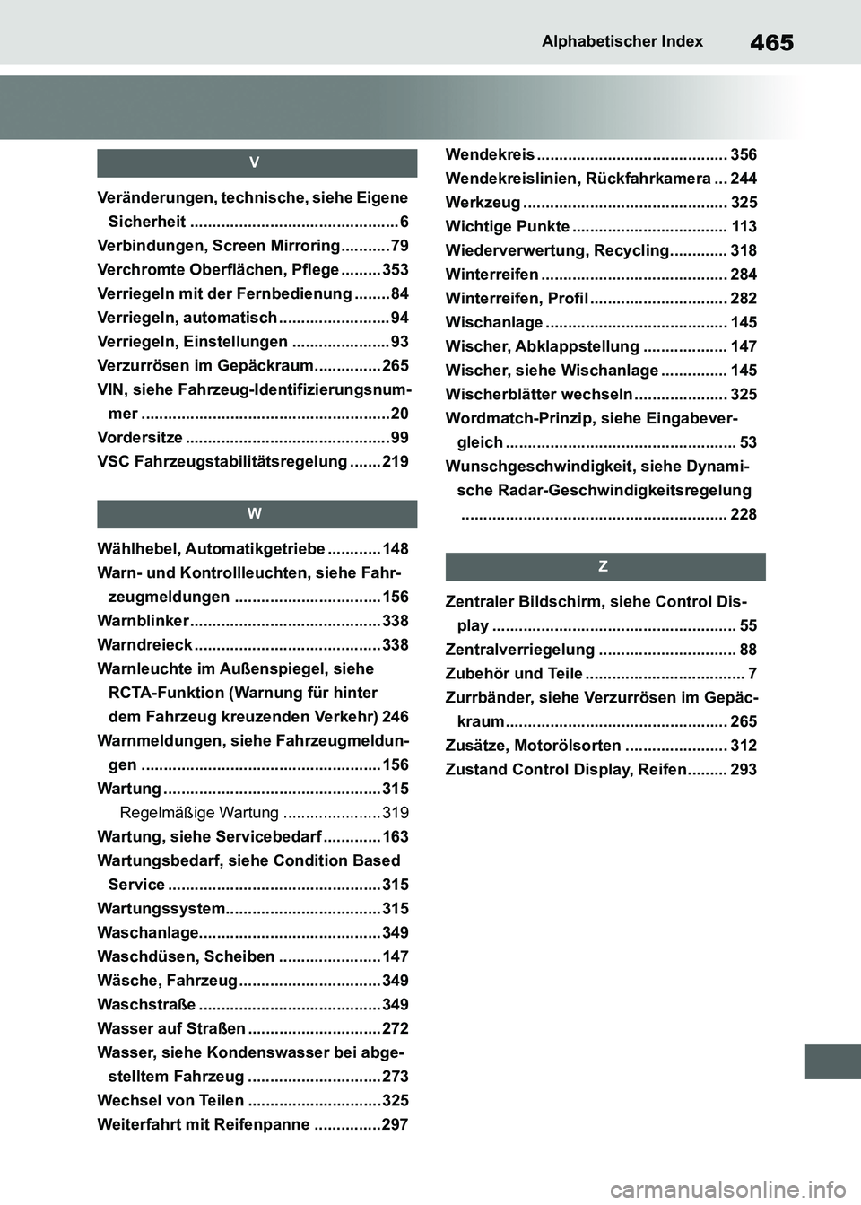 TOYOTA SUPRA 2021 Betriebsanleitungen (in German) 465Alphabetischer Index
Supra Owners Manual_M (from Nov. 20 Prod.)
V
Veränderungen, technische, siehe Eigene
Sicherheit ............................................... 6
Verbindungen, Screen Mirro TOYOTA SUPRA 2021 Betriebsanleitungen (in German) 465Alphabetischer Index
Supra Owners Manual_M (from Nov. 20 Prod.)
V
Veränderungen, technische, siehe Eigene
Sicherheit ............................................... 6
Verbindungen, Screen Mirro